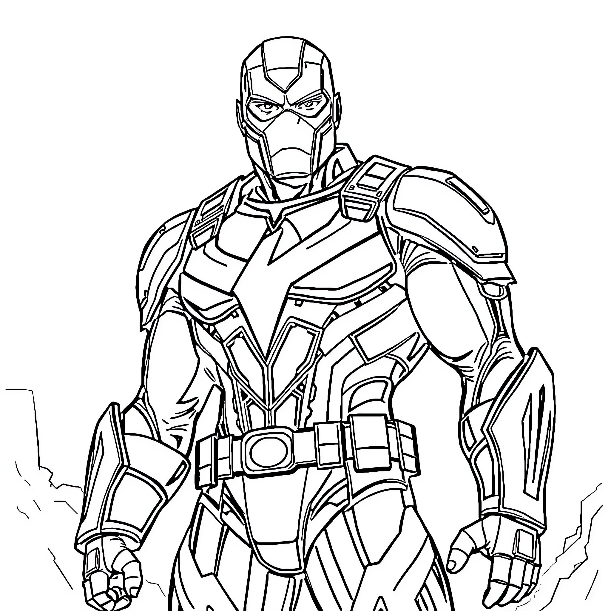 Sentry in Futuristic Armored Suit Coloring Page (free black-and-white line drawing printable PDF for all, from beginners to advanced learners, including children, teens, adults, and seniors)