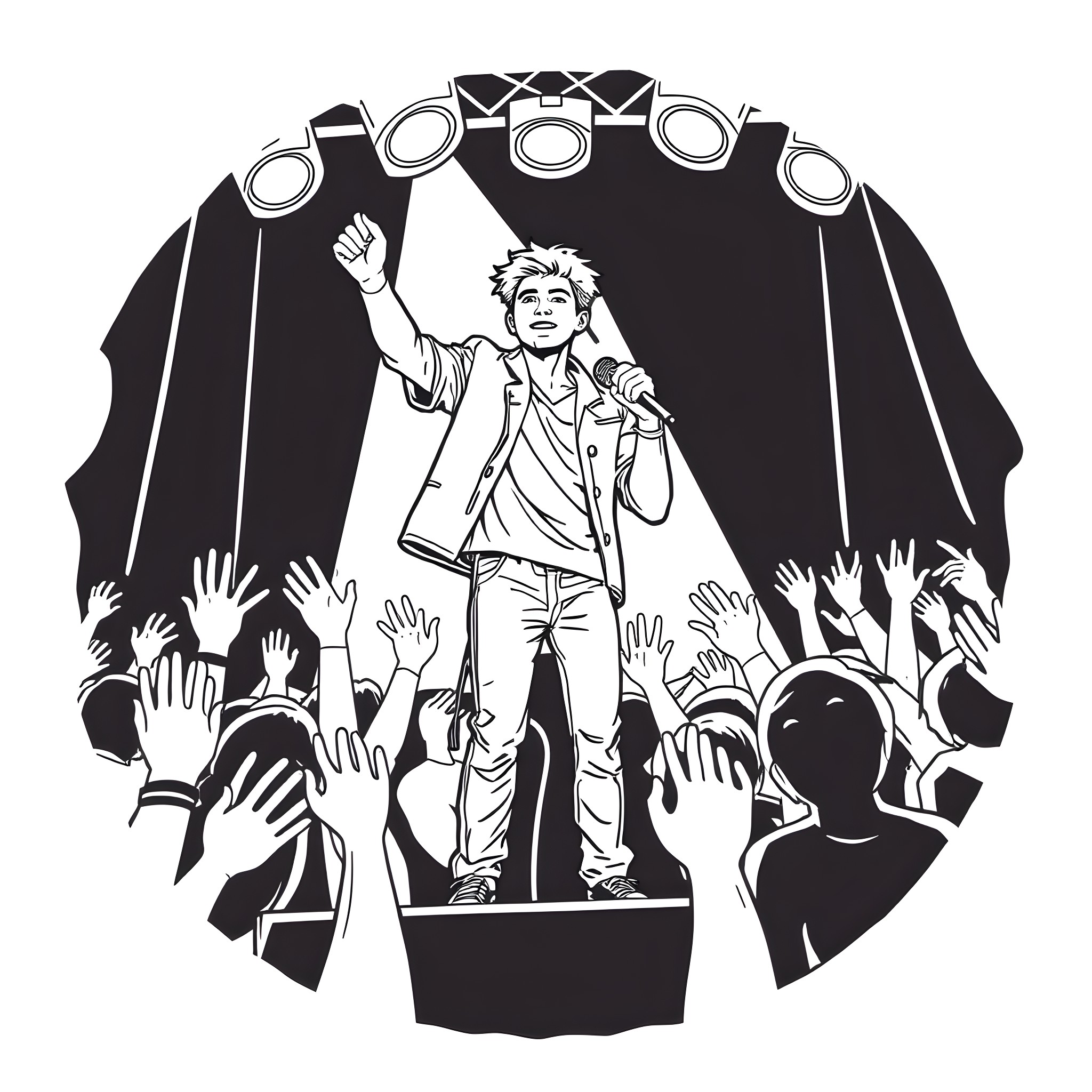 The Kid Laroi performing passionately on stage Coloring Page (free black-and-white line drawing printable PDF for all, from beginners to advanced learners, including children, teens, adults, and seniors)