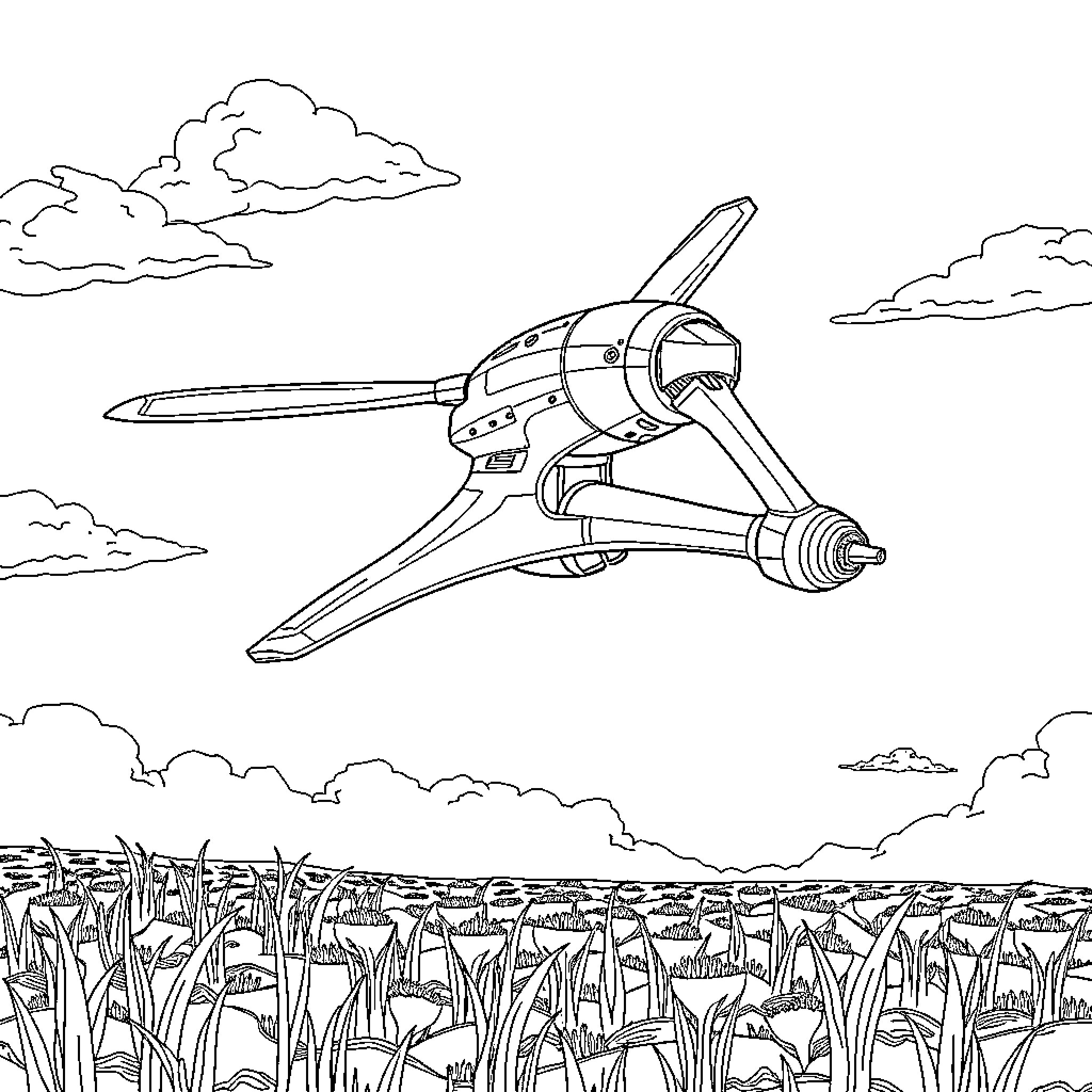 Plow Craft Soaring Through Cloudy Skies Coloring Page (free black-and-white line drawing printable PDF for all, from beginners to advanced learners, including children, teens, adults, and seniors)