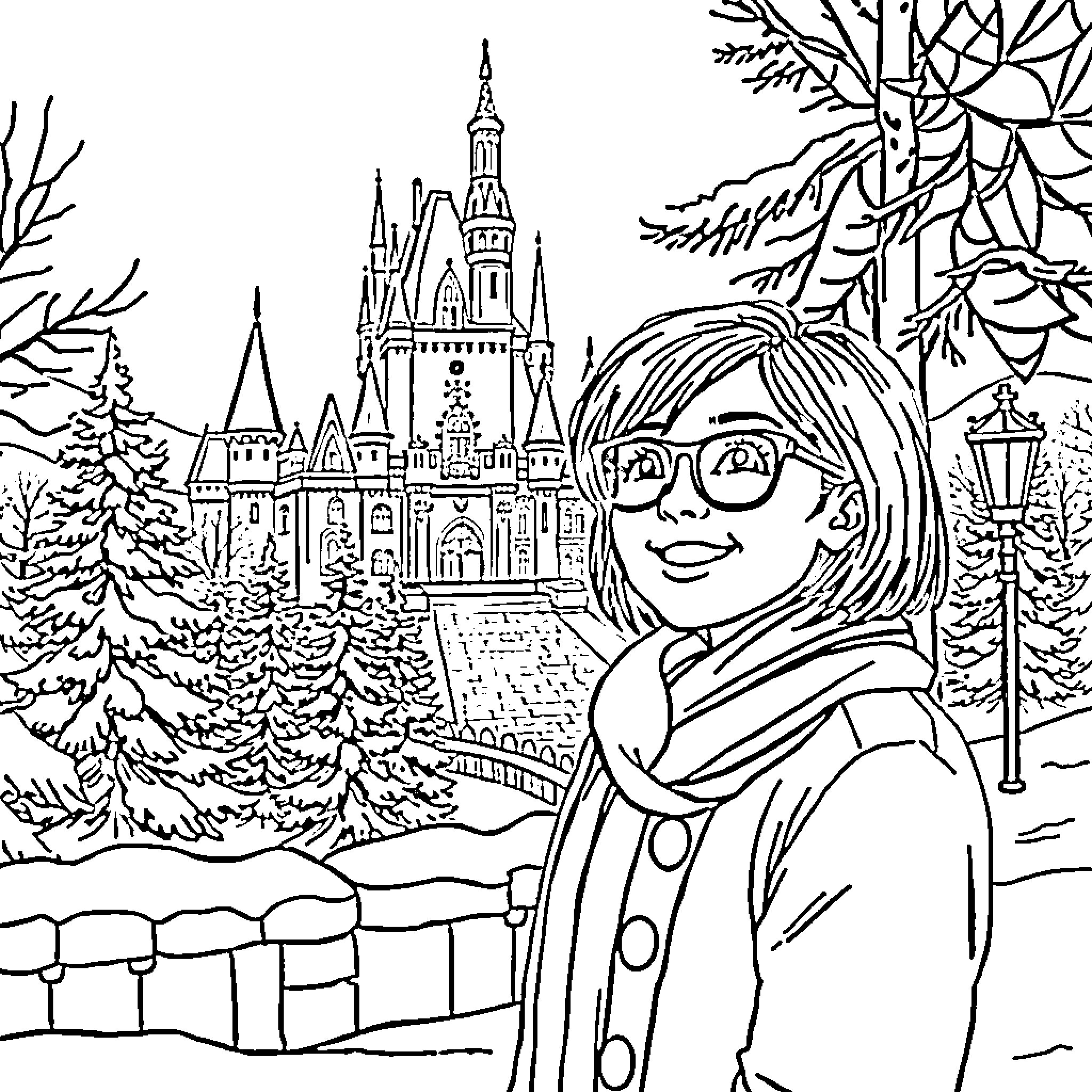 Lady in a Winter Wonderland Coloring Page (free black-and-white line drawing printable PDF for all, from beginners to advanced learners, including children, teens, adults, and seniors)