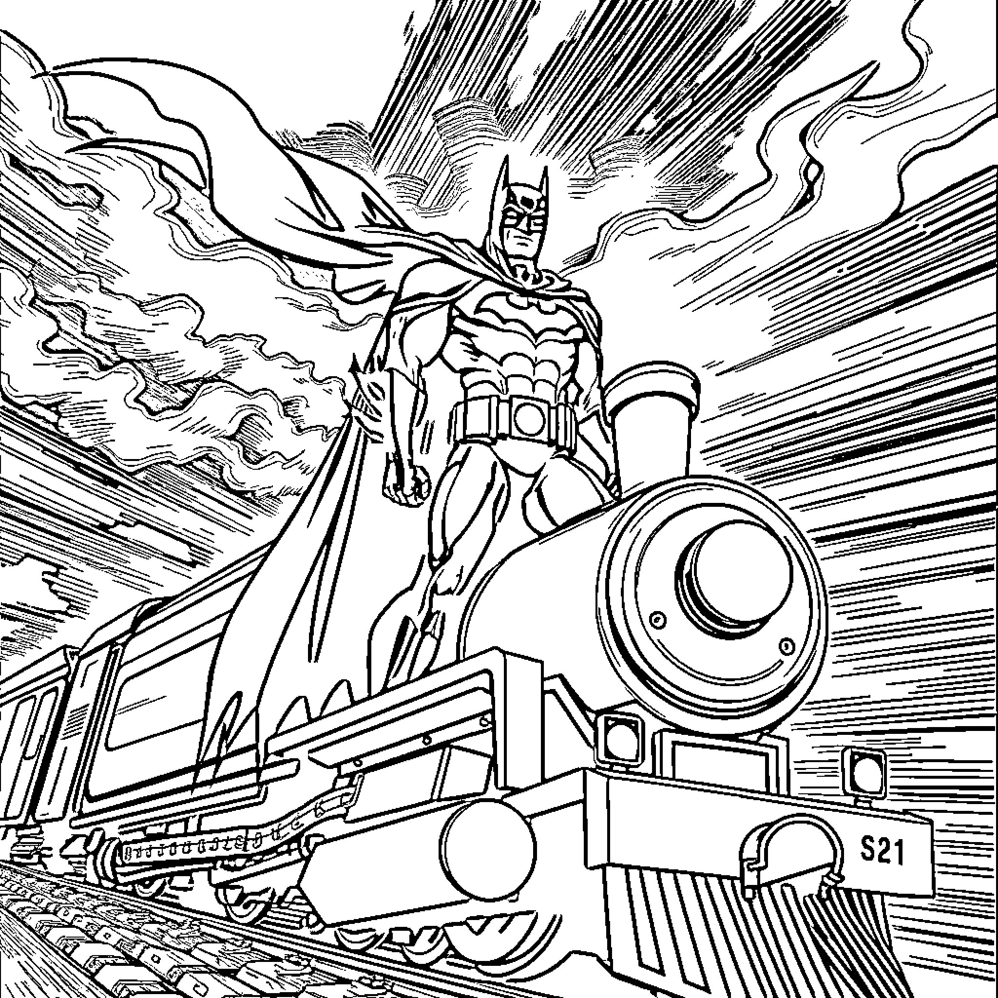 Batman riding a speeding train through a stormy sky Coloring Page (free black-and-white line drawing printable PDF for all, from beginners to advanced learners, including children, teens, adults, and seniors)