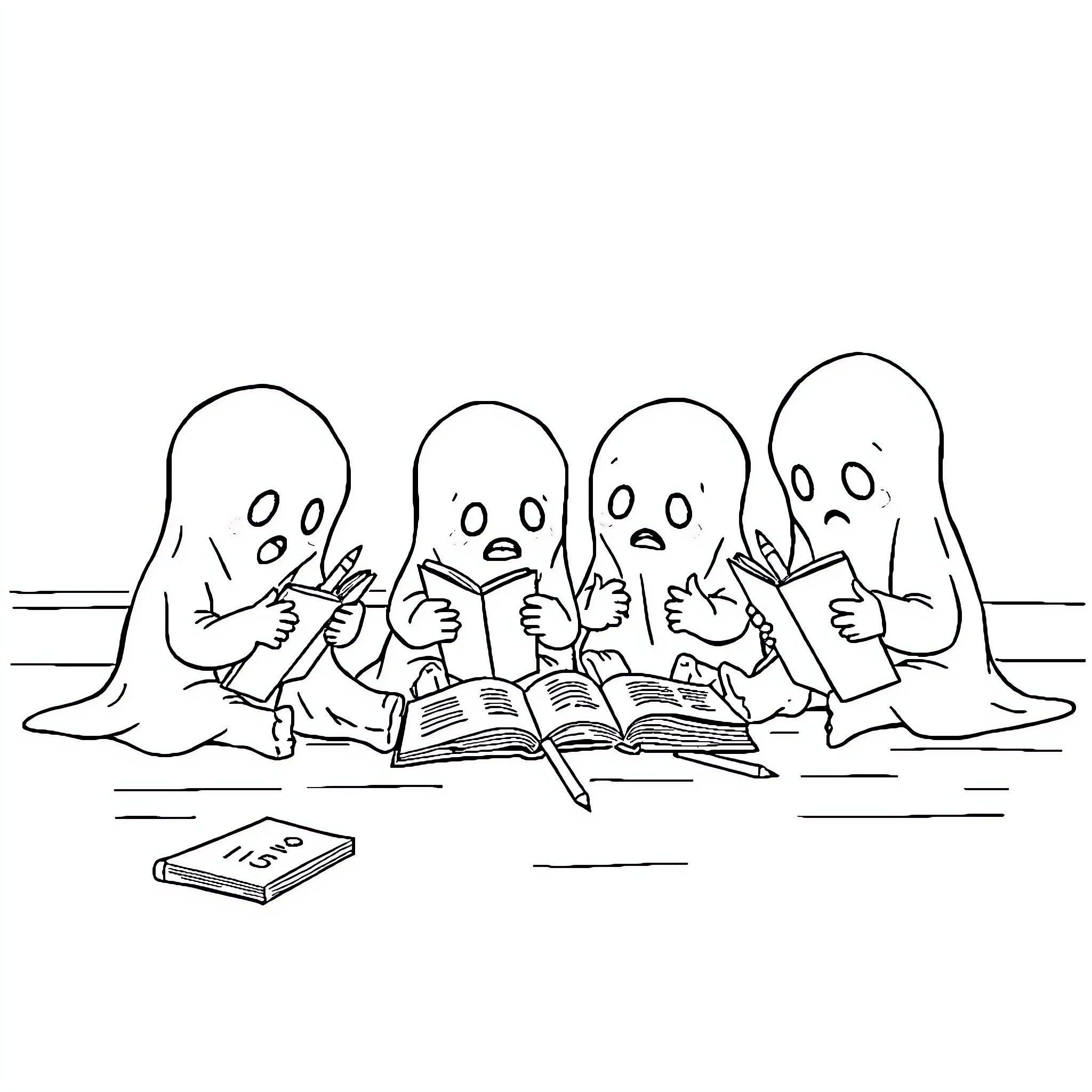 Ghost-like figures studying together intently Coloring Page (free black-and-white line drawing printable PDF for all, from beginners to advanced learners, including children, teens, adults, and seniors)