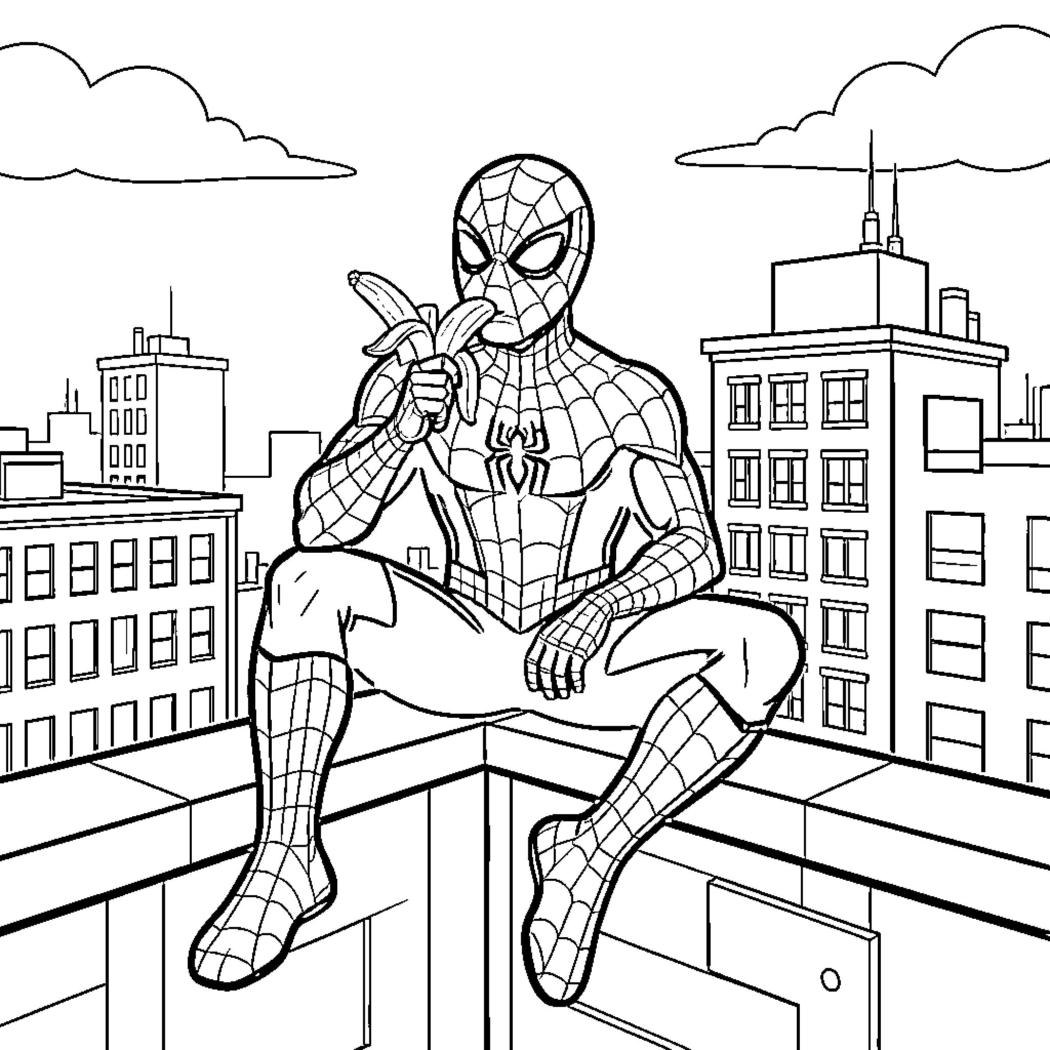 Spiderman sitting on a rooftop eating a banana Coloring Page (free black-and-white line drawing printable PDF for all, from beginners to advanced learners, including children, teens, adults, and seniors)