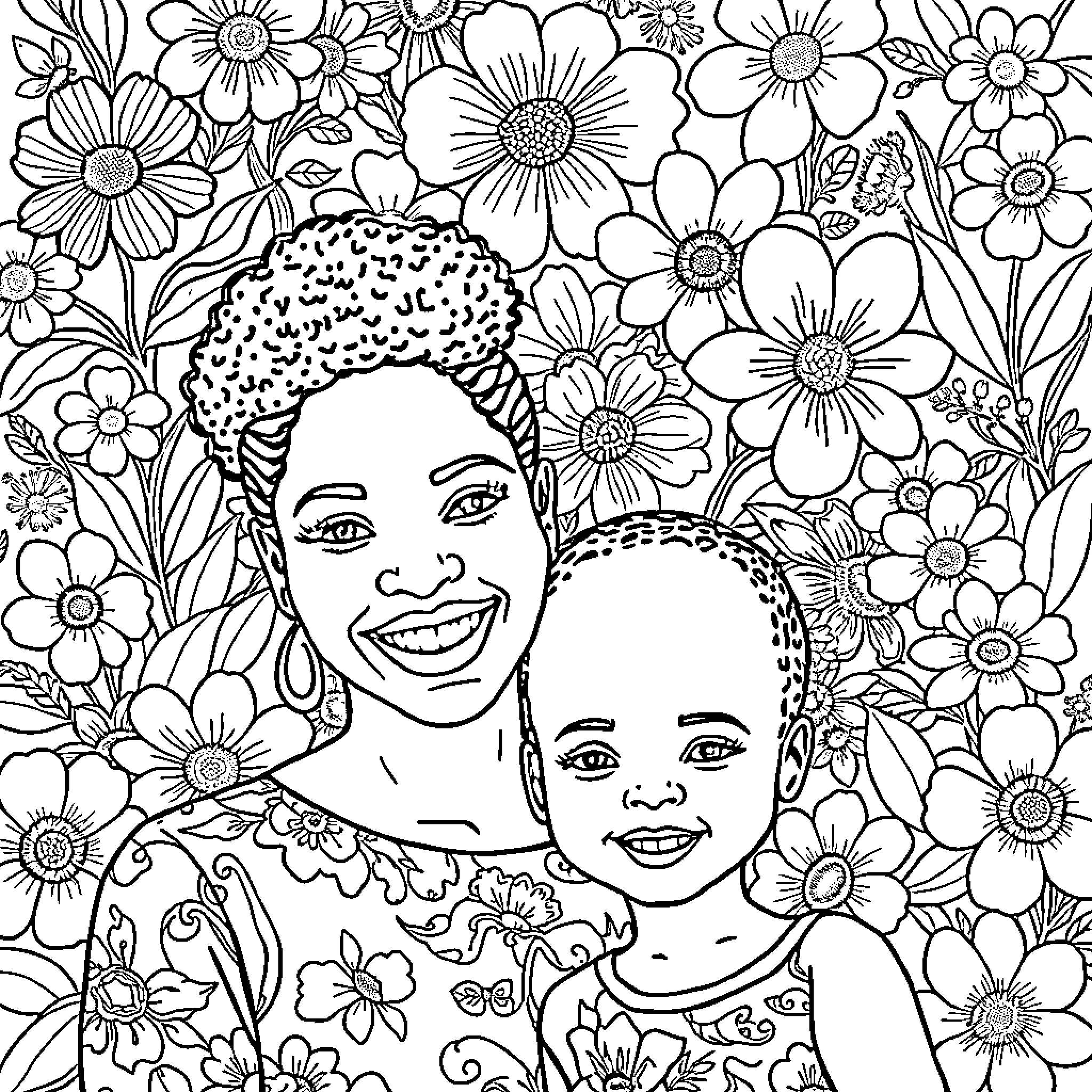 Mother and Child in Floral Embrace Coloring Page (free black-and-white line drawing printable PDF for all, from beginners to advanced learners, including children, teens, adults, and seniors)