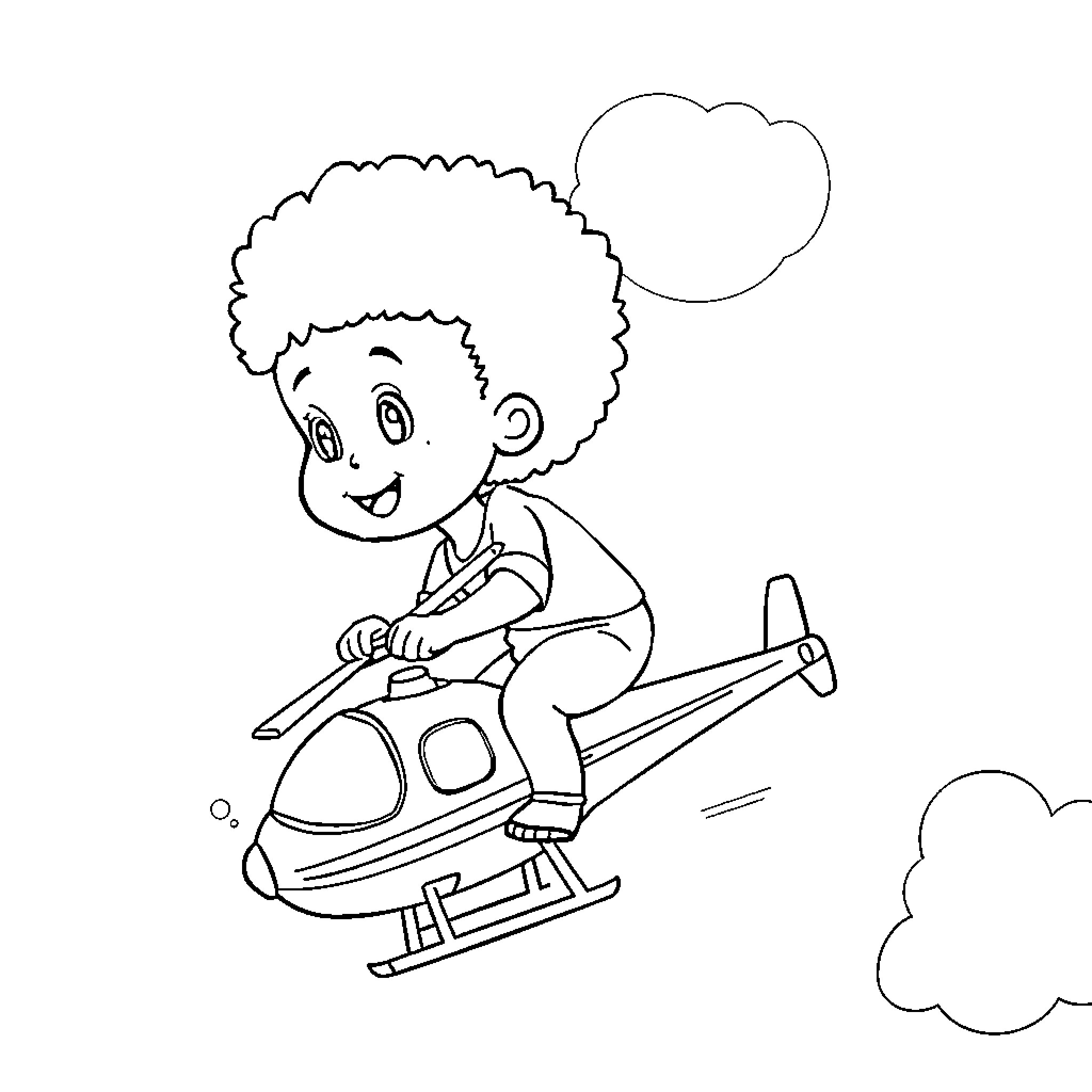 Helicopter with child happily playing Coloring Page (free black-and-white line drawing printable PDF for all, from beginners to advanced learners, including children, teens, adults, and seniors)