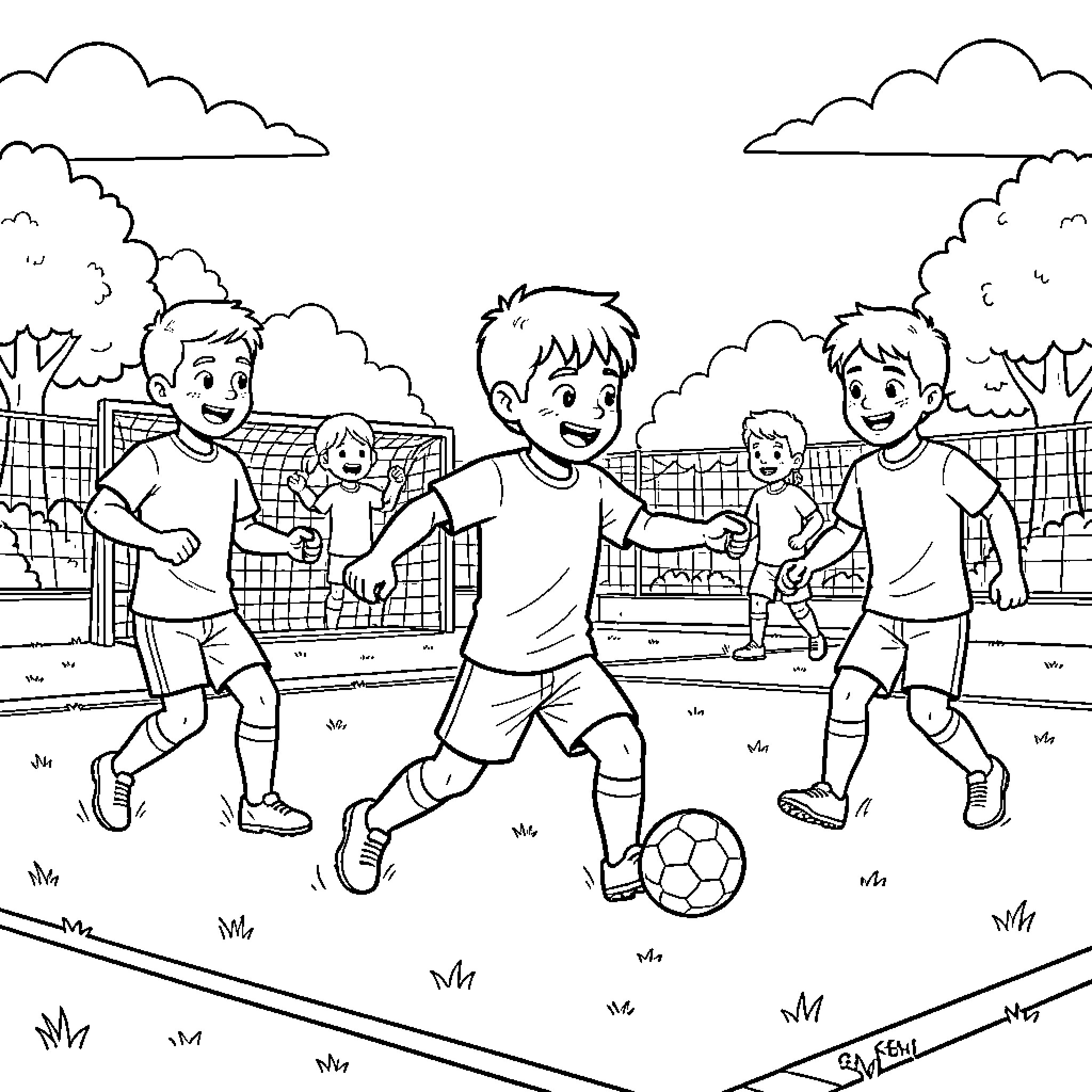 Ruben playing soccer with friends in a field Coloring Page (free black-and-white line drawing printable PDF for all, from beginners to advanced learners, including children, teens, adults, and seniors)
