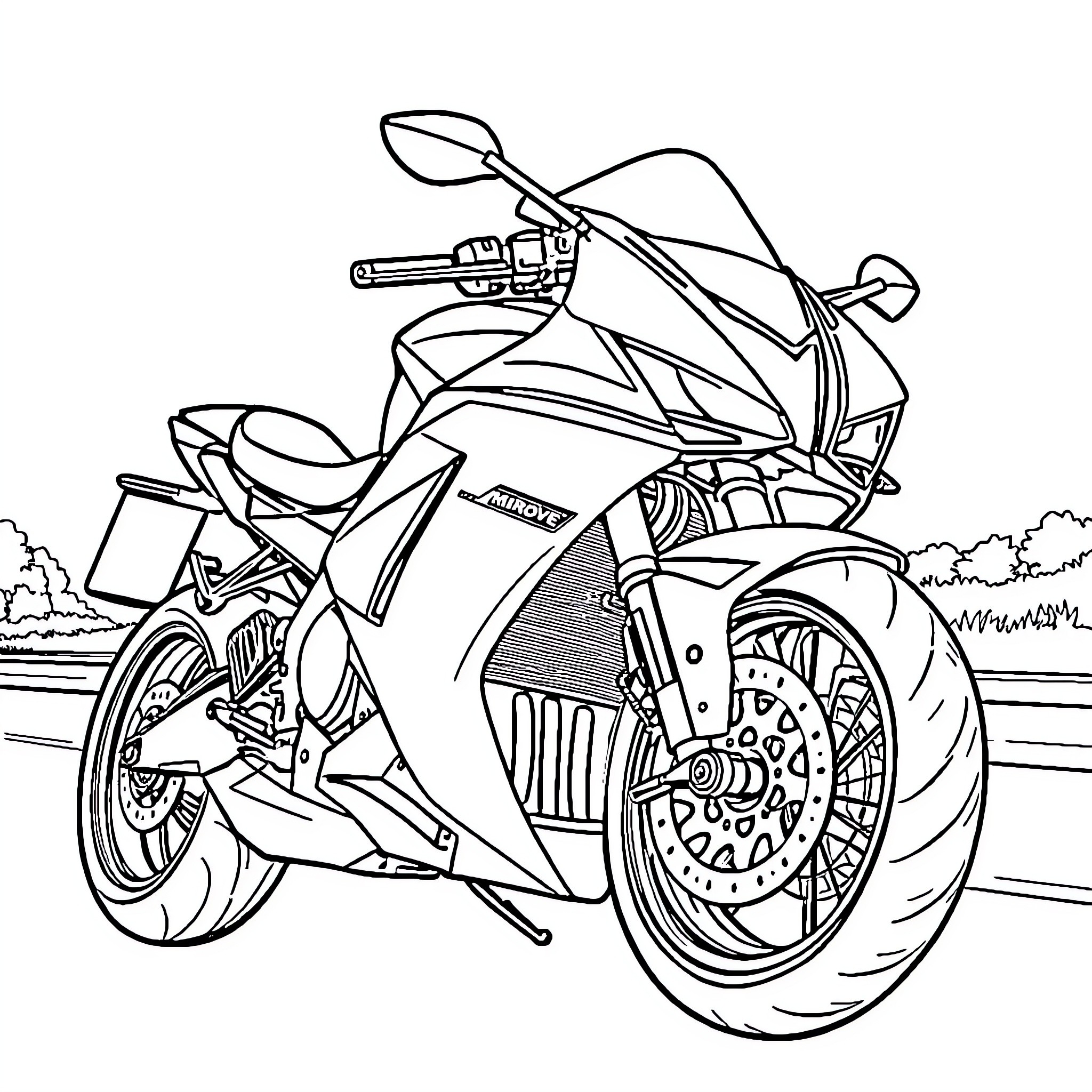 Moto Rider on Powerful Motorcycle Coloring Page (free black-and-white line drawing printable PDF for all, from beginners to advanced learners, including children, teens, adults, and seniors)