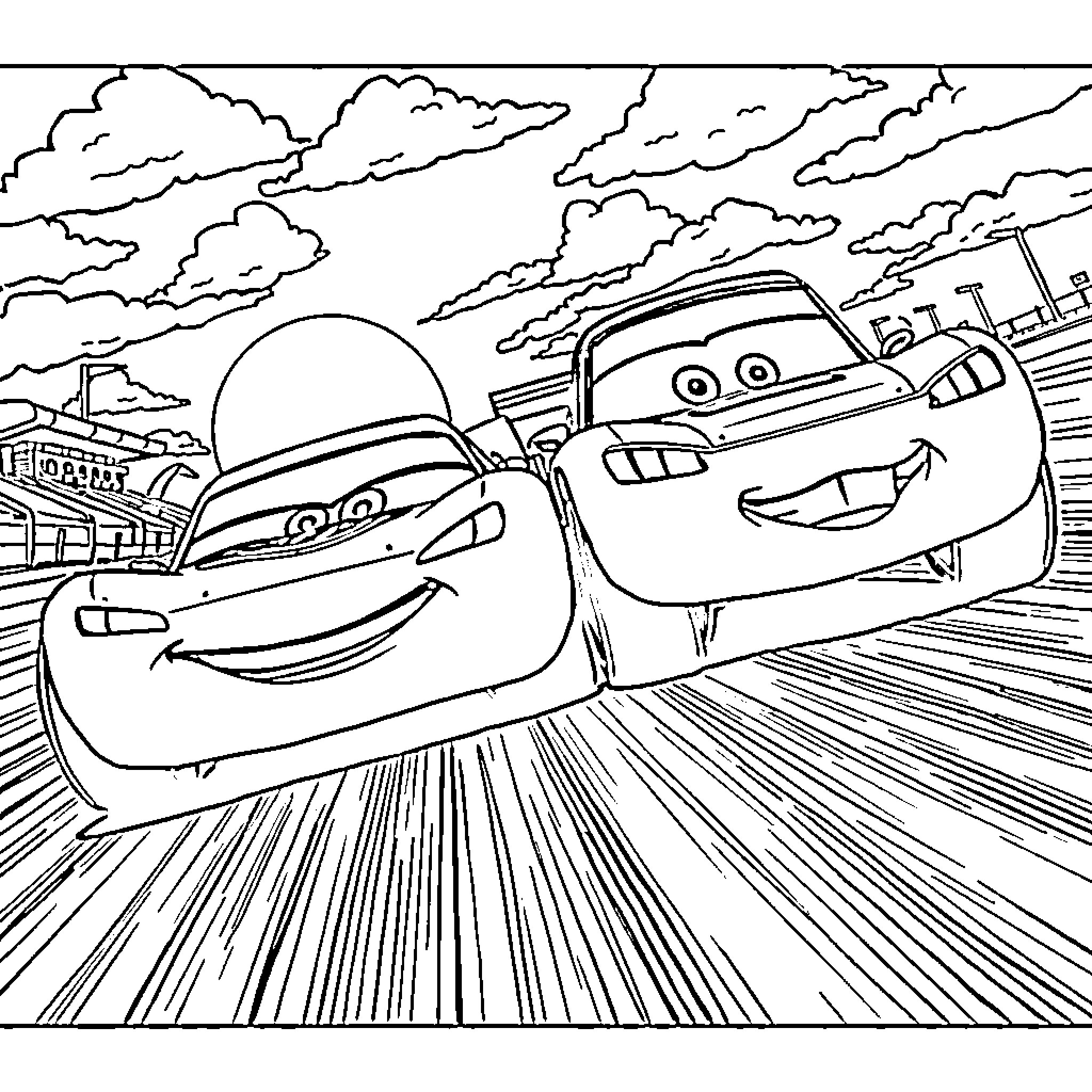 McQueen and friends racing on the track Coloring Page (free black-and-white line drawing printable PDF for all, from beginners to advanced learners, including children, teens, adults, and seniors)