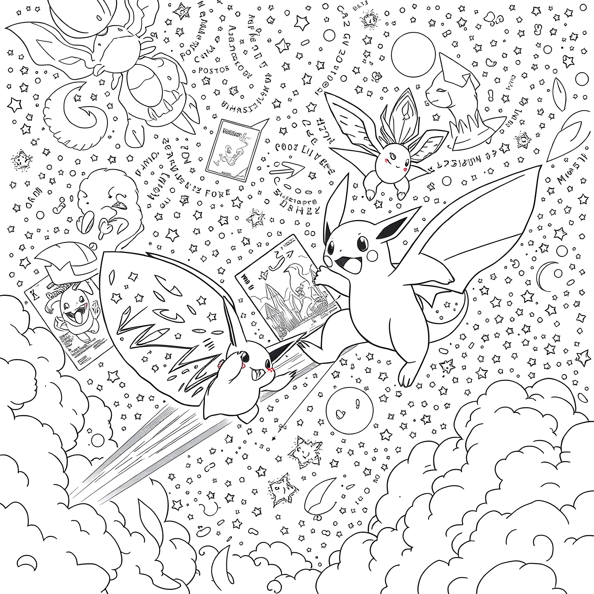Pokémon characters in whimsical adventure Coloring Page (free black-and-white line drawing printable PDF for all, from beginners to advanced learners, including children, teens, adults, and seniors)