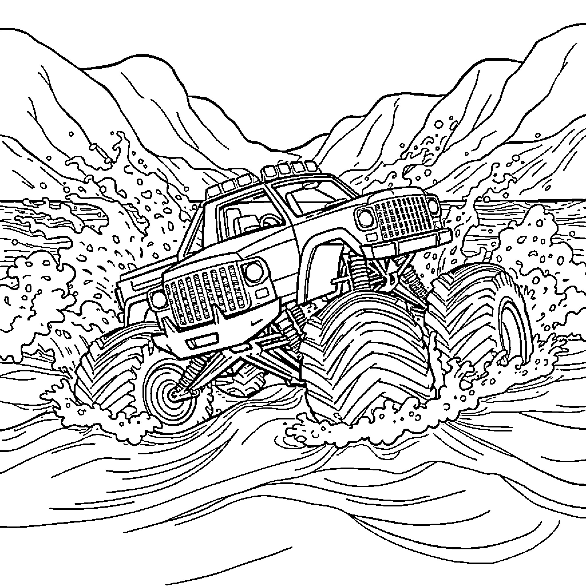 Monster Truck Navigating Rugged Terrain Coloring Page (free black-and-white line drawing printable PDF for all, from beginners to advanced learners, including children, teens, adults, and seniors)