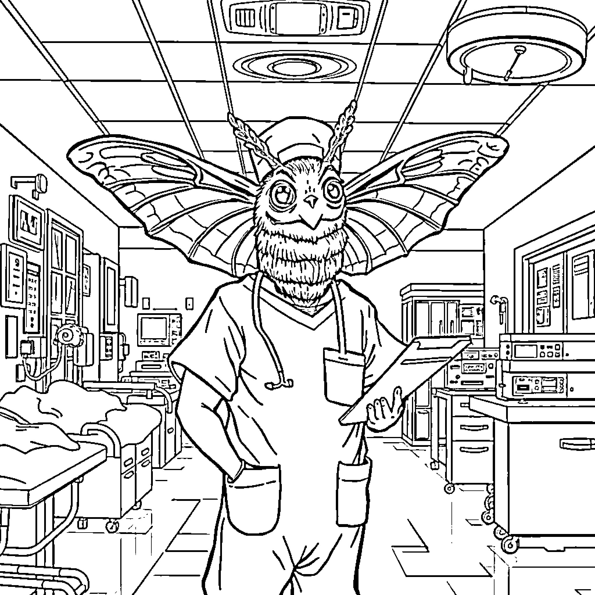 Mothman visits the medical facility Coloring Page (free black-and-white line drawing printable PDF for all, from beginners to advanced learners, including children, teens, adults, and seniors)