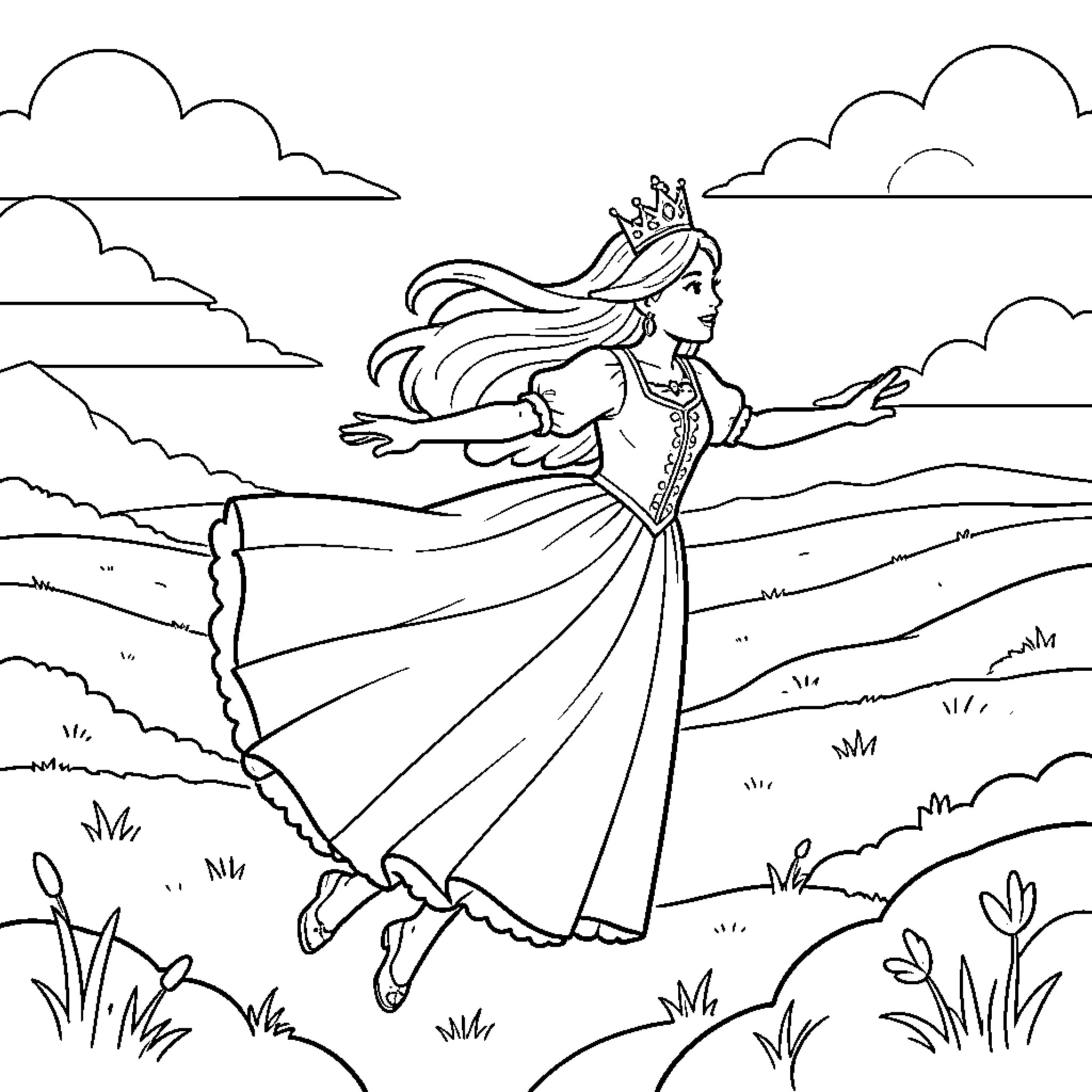 Princess dancing joyfully in a vast landscape Coloring Page (free black-and-white line drawing printable PDF for all, from beginners to advanced learners, including children, teens, adults, and seniors)