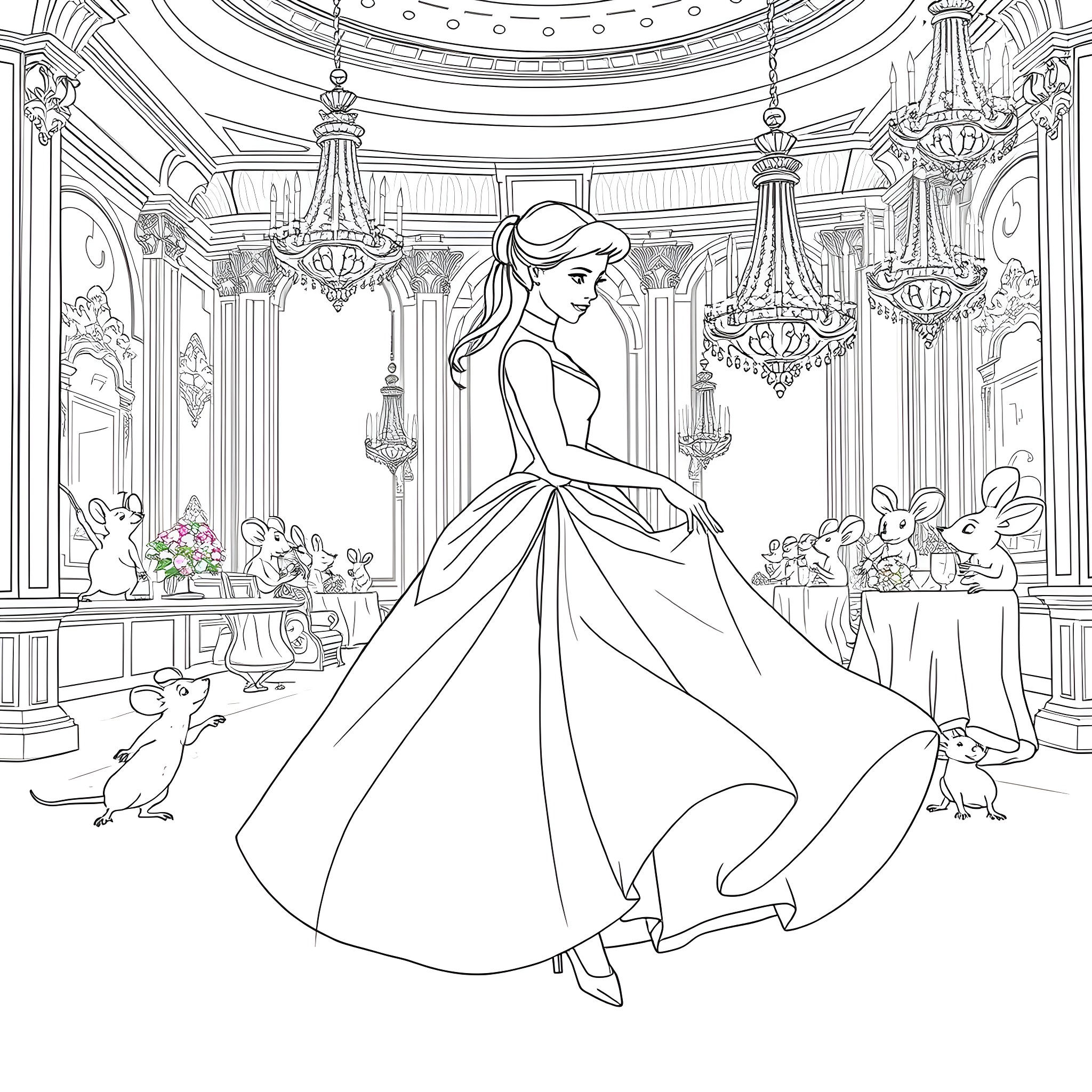 Cinderella's Enchanting Ball Gown Moment Coloring Page (free black-and-white line drawing printable PDF for all, from beginners to advanced learners, including children, teens, adults, and seniors)