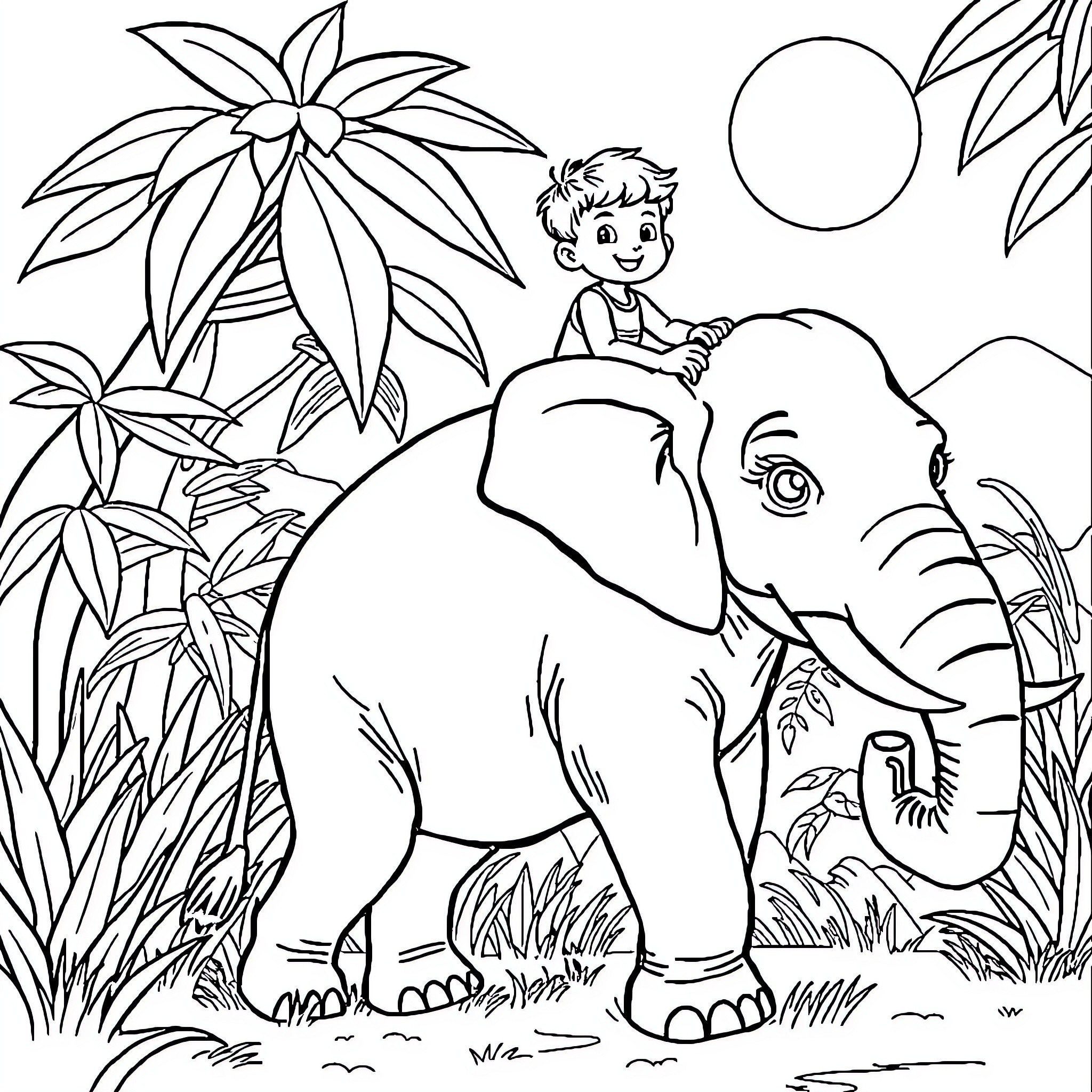 Boy exploring the jungle with an elephant Coloring Page (free black-and-white line drawing printable PDF for all, from beginners to advanced learners, including children, teens, adults, and seniors)