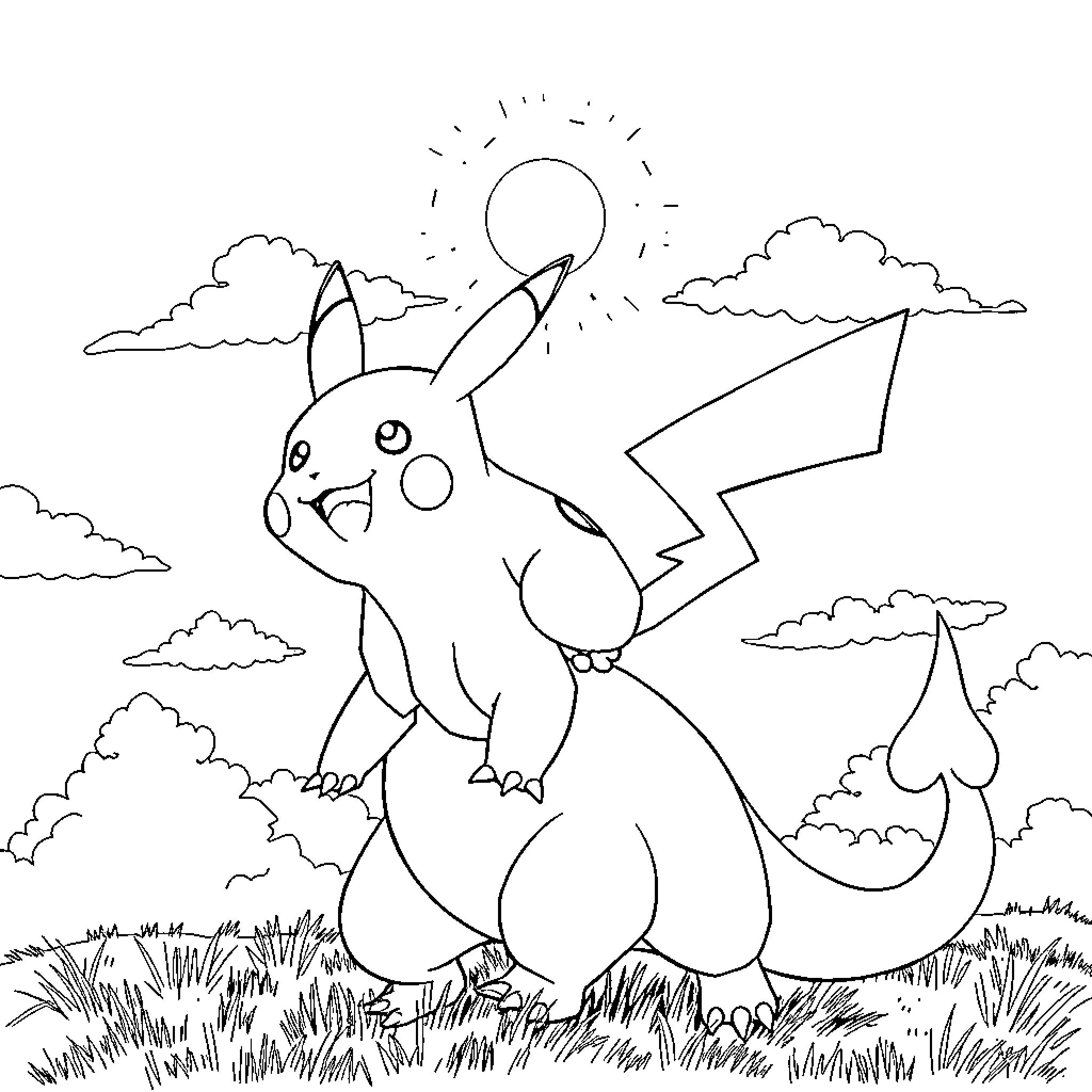 Pikachu enjoying the outdoors in the countryside Coloring Page (free black-and-white line drawing printable PDF for all, from beginners to advanced learners, including children, teens, adults, and seniors)