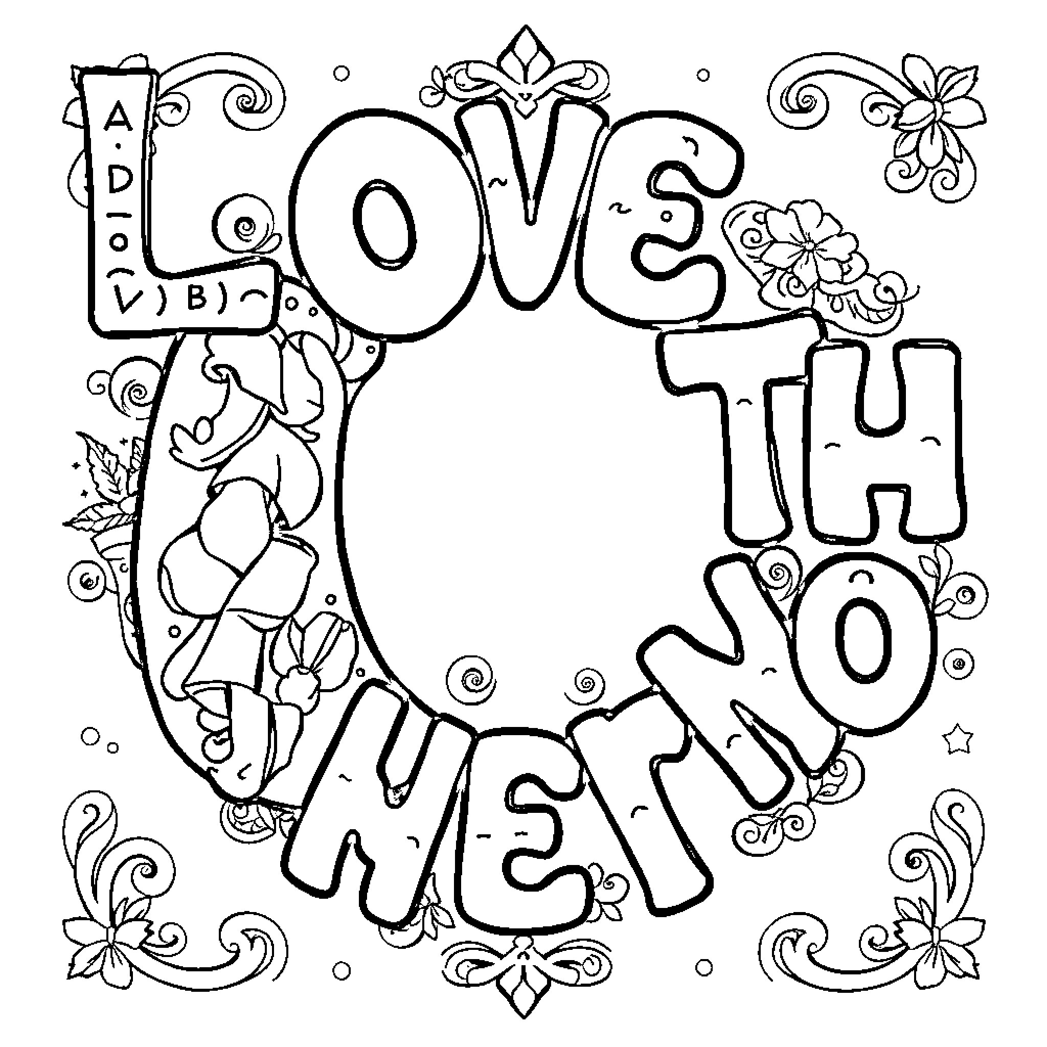 Alphabet Heart-shaped Floral Illustration Coloring Page (free black-and-white line drawing printable PDF for all, from beginners to advanced learners, including children, teens, adults, and seniors)