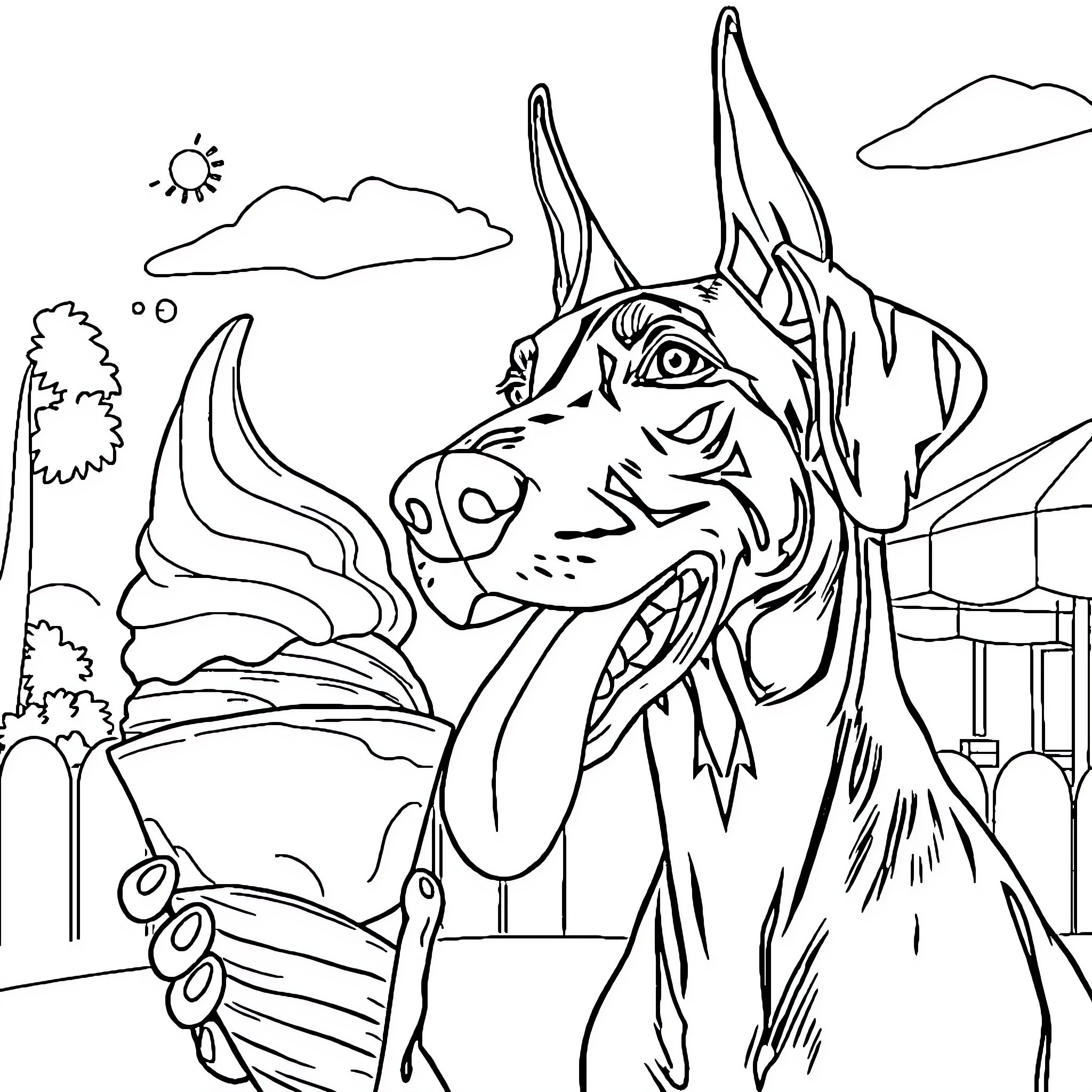 Doberman on a Joyful Adventure Coloring Page (free black-and-white line drawing printable PDF for all, from beginners to advanced learners, including children, teens, adults, and seniors)