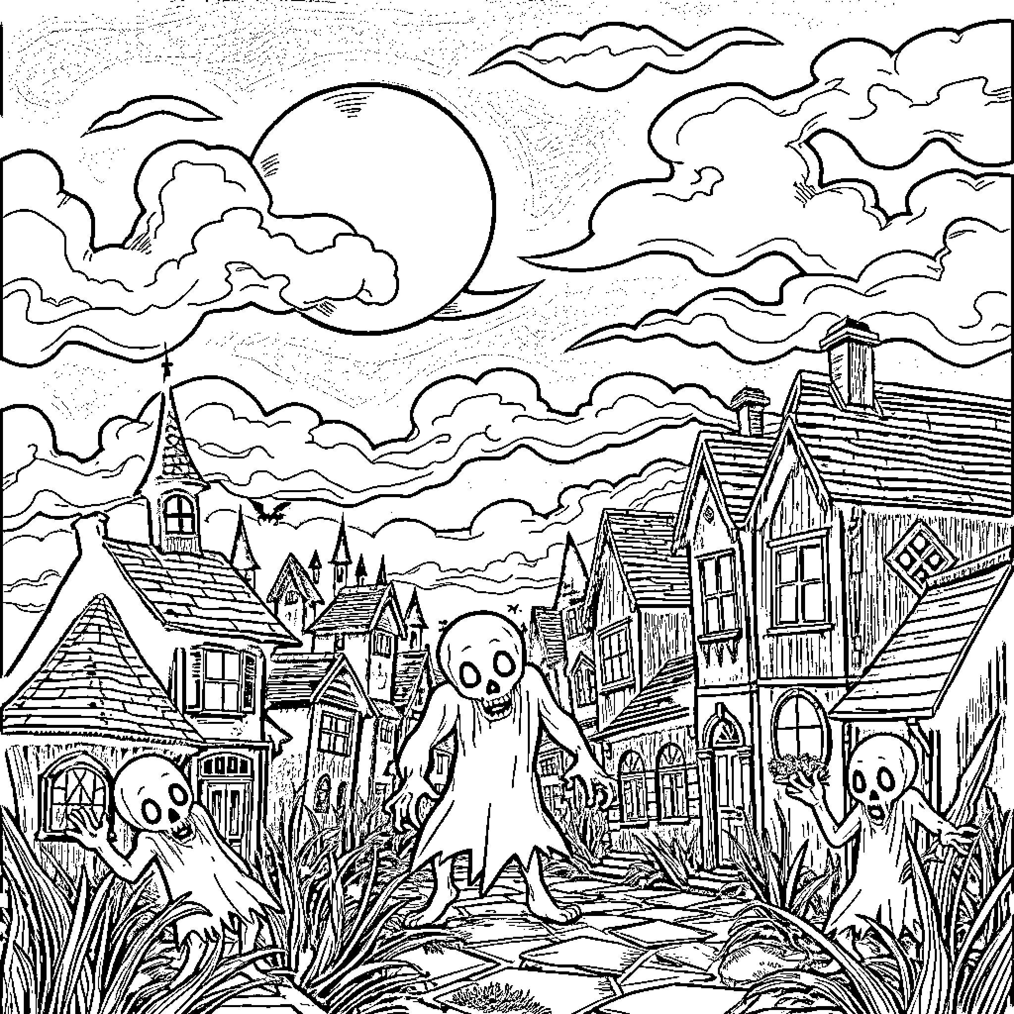 Ghoul figures haunting a spooky village at night Coloring Page (free black-and-white line drawing printable PDF for all, from beginners to advanced learners, including children, teens, adults, and seniors)