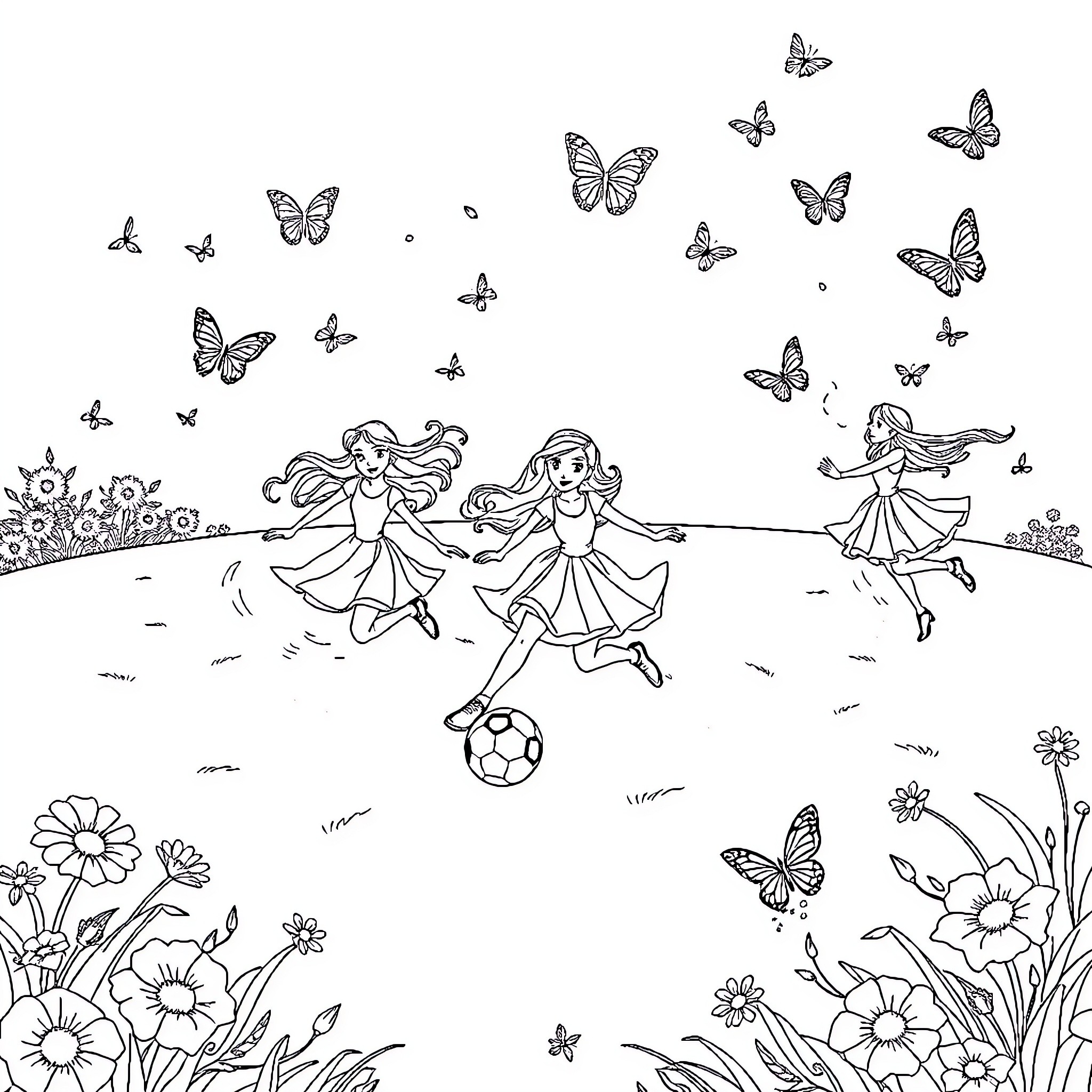 Princess Fairies Playing Joyfully in Meadow Coloring Page (free black-and-white line drawing printable PDF for all, from beginners to advanced learners, including children, teens, adults, and seniors)