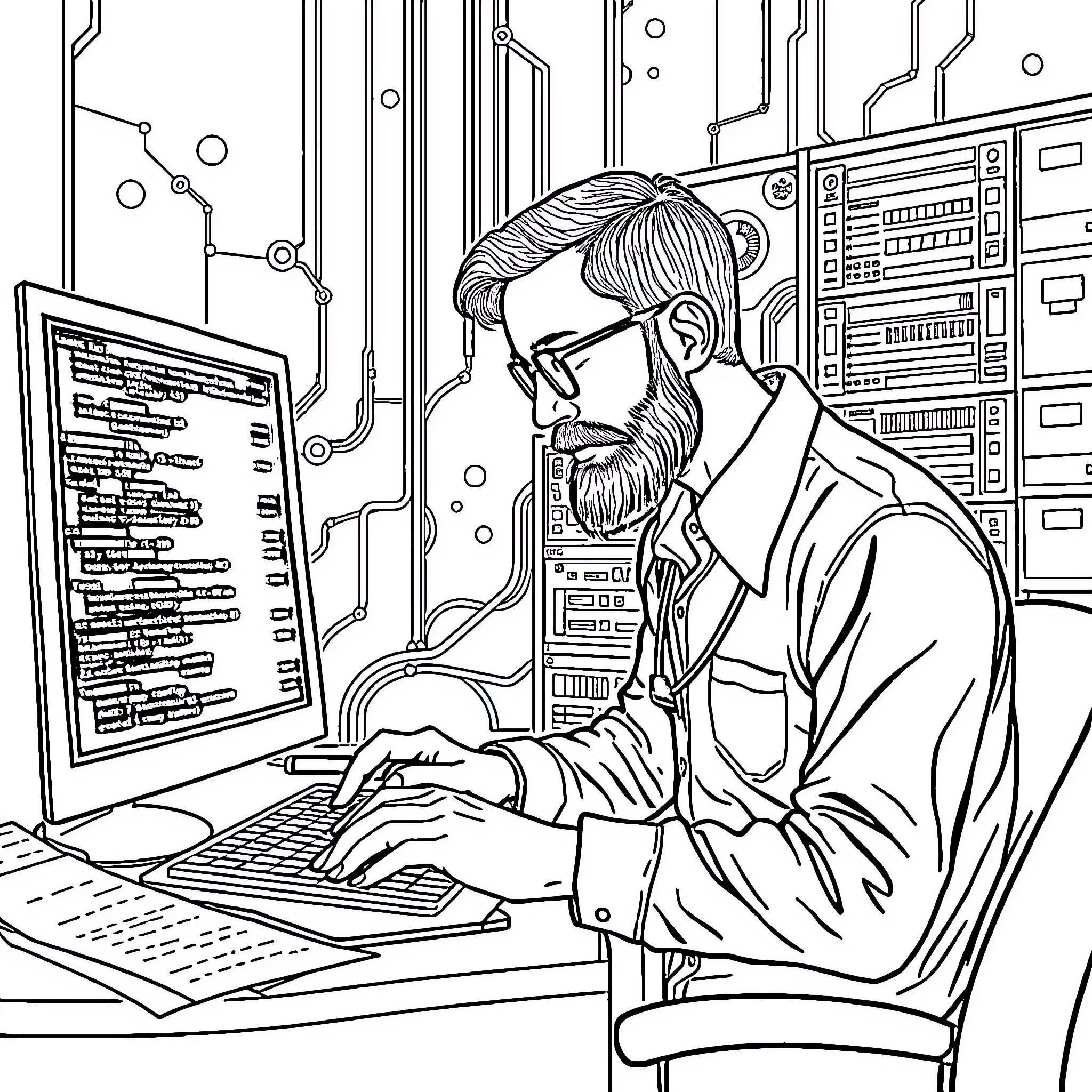 Data Analyst Focused on Computer Programming Coloring Page (free black-and-white line drawing printable PDF for all, from beginners to advanced learners, including children, teens, adults, and seniors)