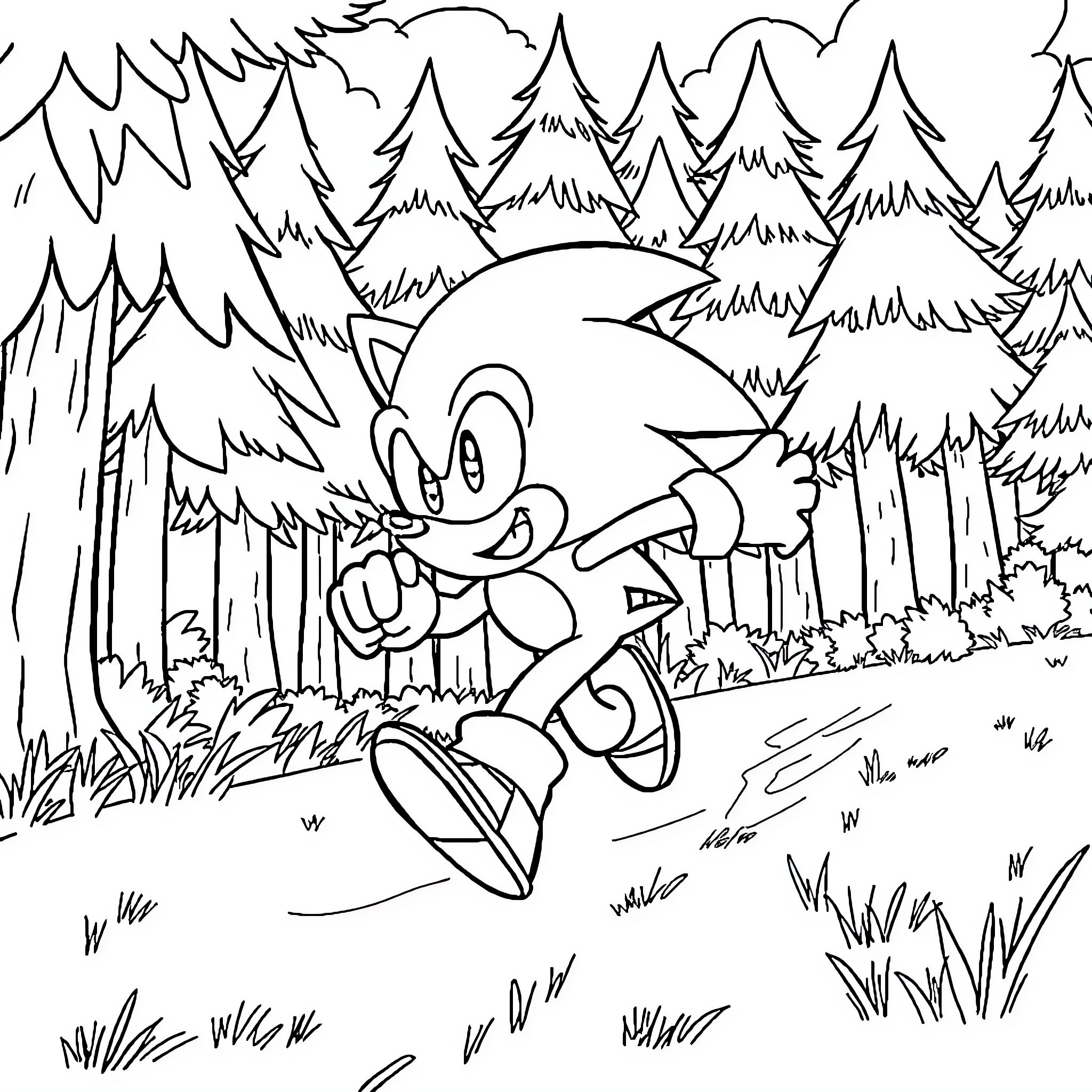 Sonic running through the enchanted forest Coloring Page (free black-and-white line drawing printable PDF for all, from beginners to advanced learners, including children, teens, adults, and seniors)