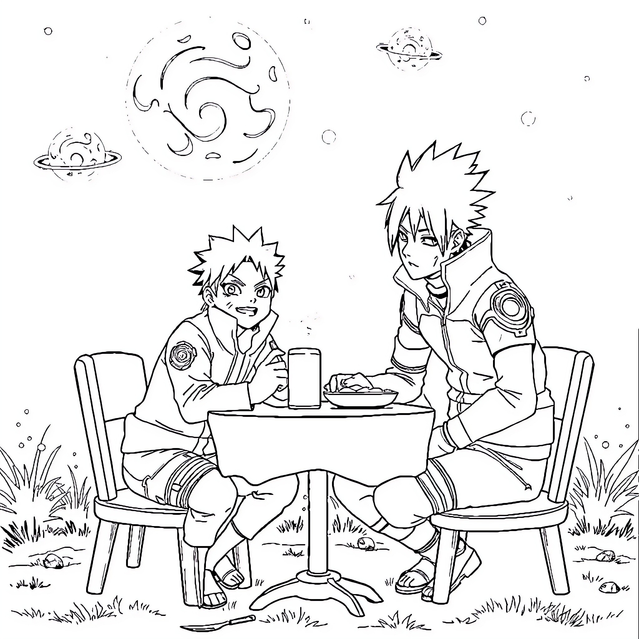 Naruto Friends Enjoying Outdoor Picnic Coloring Page (free black-and-white line drawing printable PDF for all, from beginners to advanced learners, including children, teens, adults, and seniors)