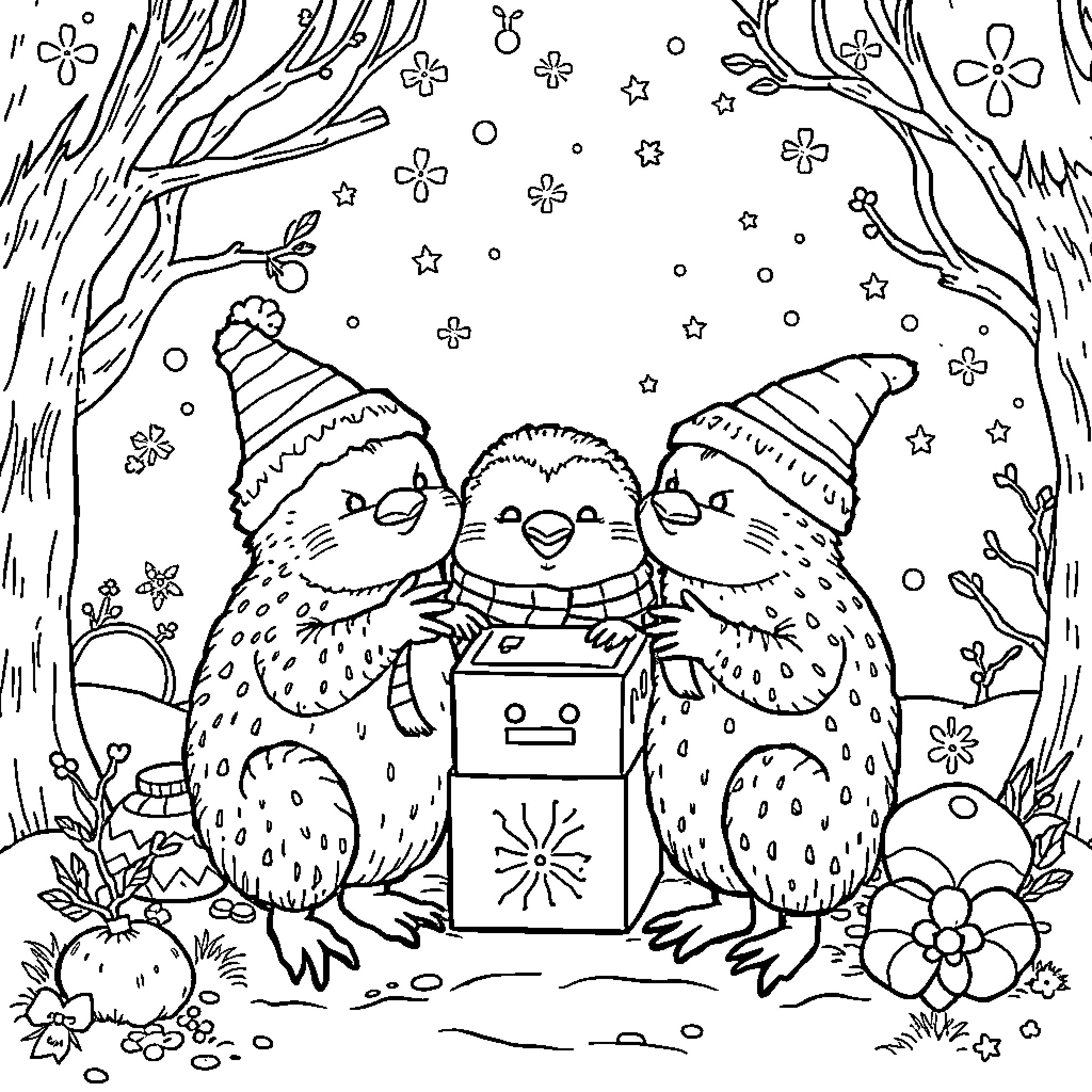 Lutins playing with a magical box in a snowy forest Coloring Page (free black-and-white line drawing printable PDF for all, from beginners to advanced learners, including children, teens, adults, and seniors)