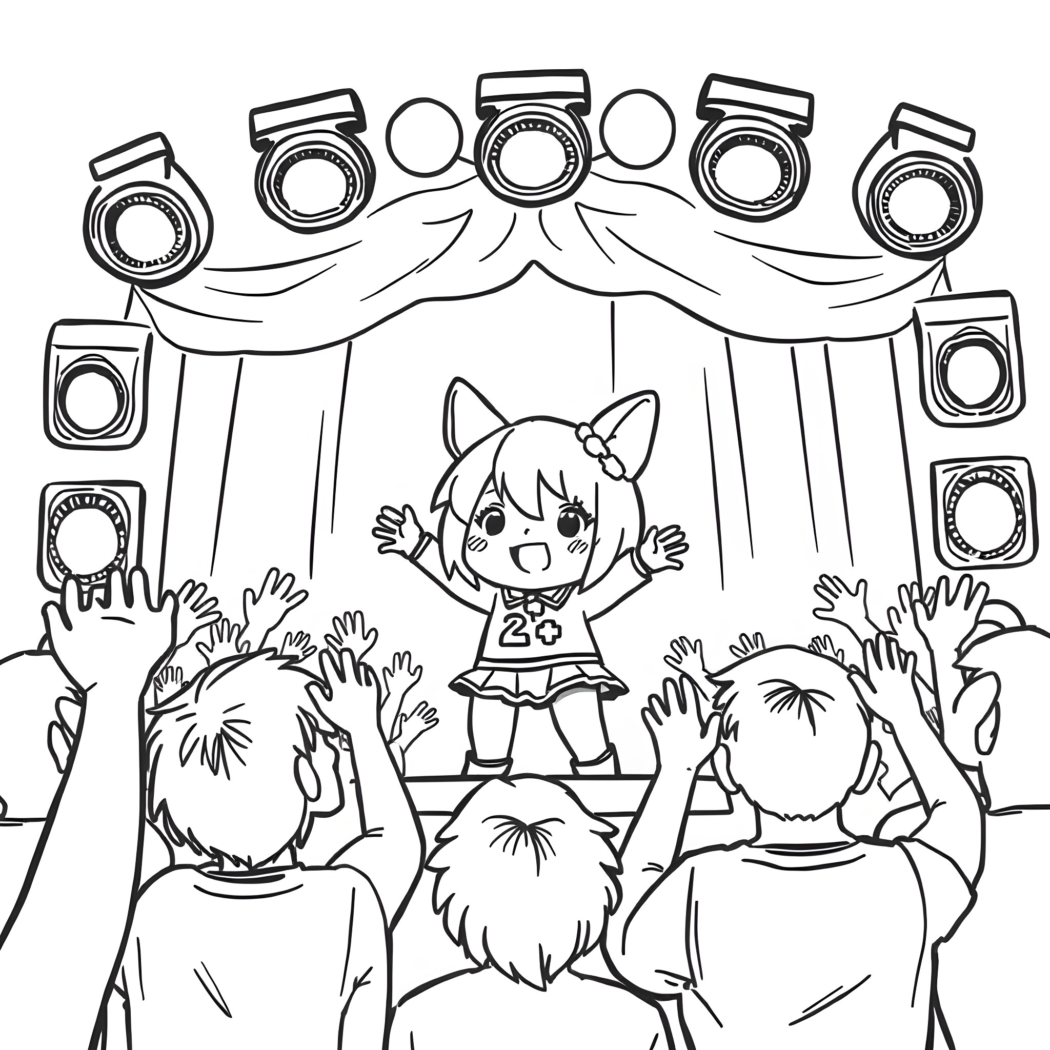Doechii Performing on Stage with Animated Audience Coloring Page (free black-and-white line drawing printable PDF for all, from beginners to advanced learners, including children, teens, adults, and seniors)