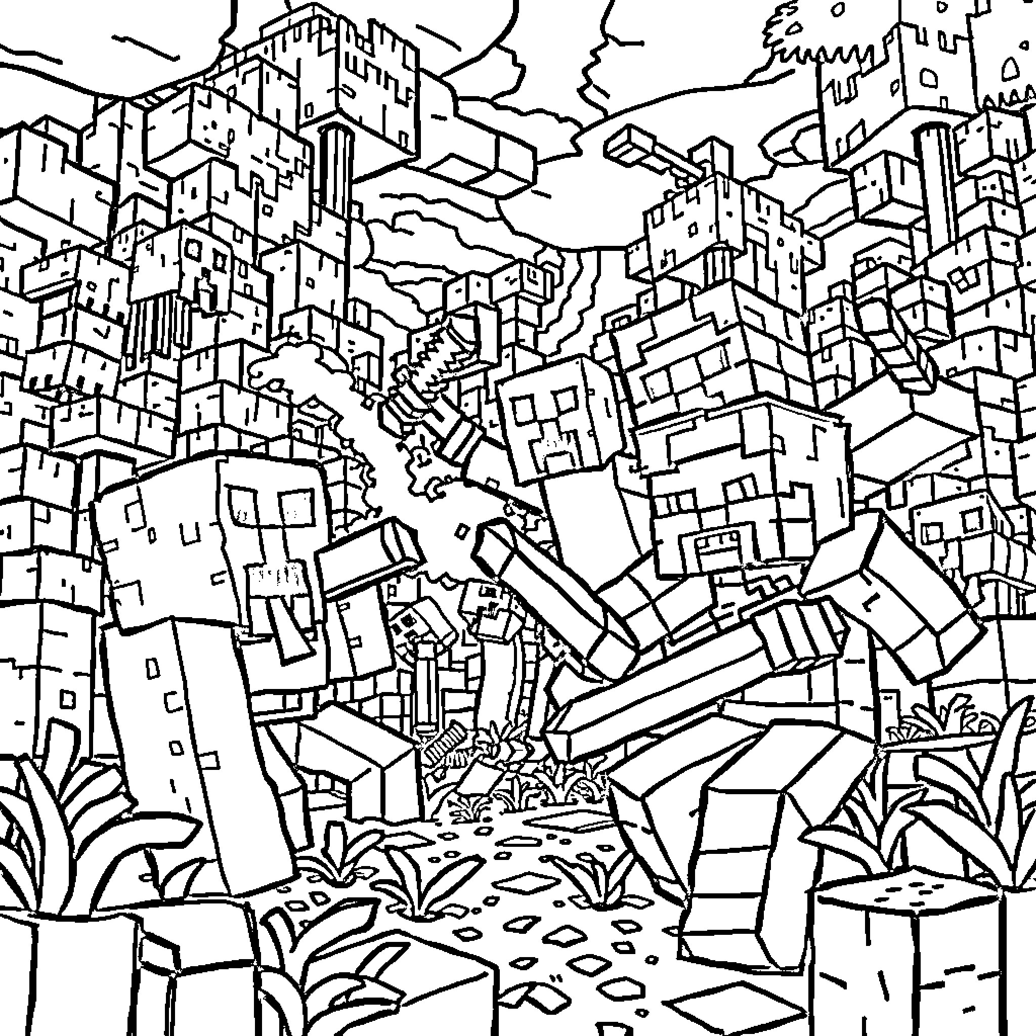 Minecraft Character Exploring a Detailed Fantasy World Coloring Page (free black-and-white line drawing printable PDF for all, from beginners to advanced learners, including children, teens, adults, and seniors)