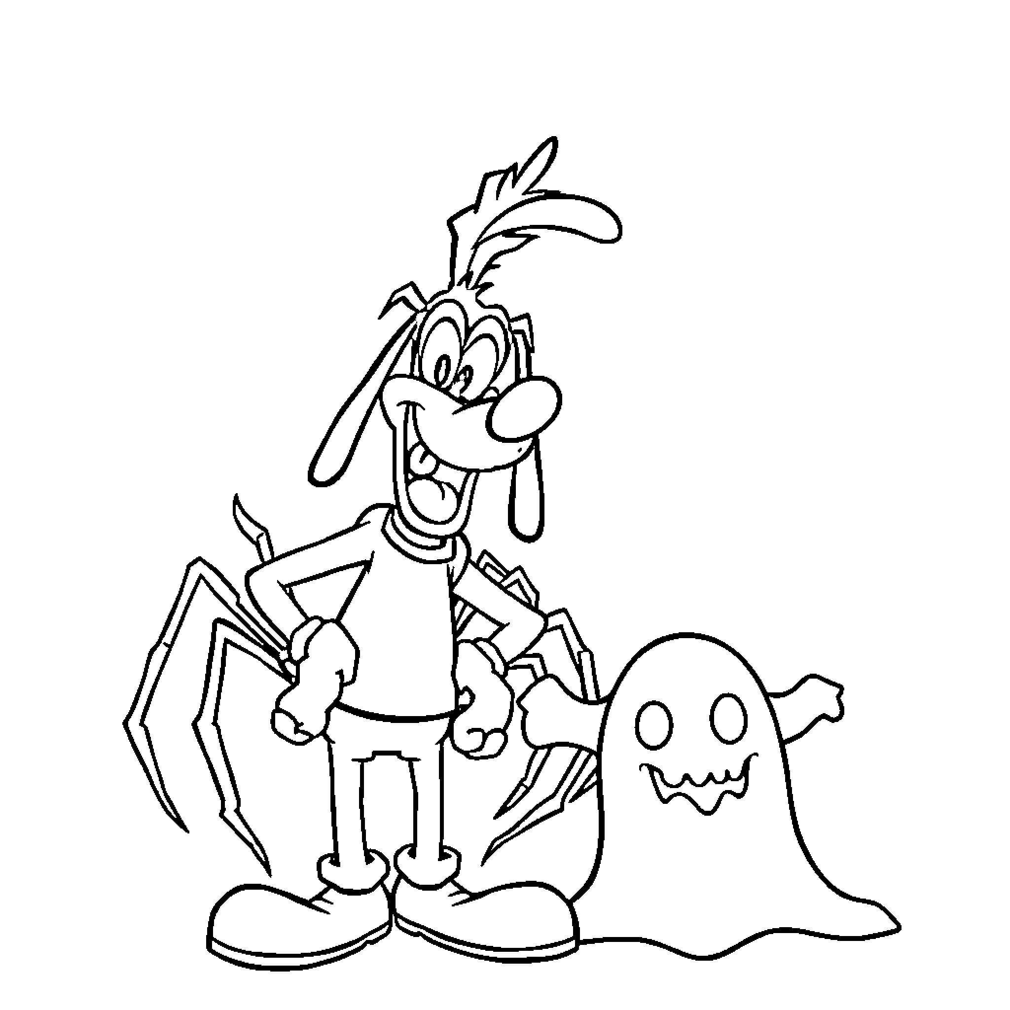 Goofy Character in Spooky Halloween Scene Coloring Page (free black-and-white line drawing printable PDF for all, from beginners to advanced learners, including children, teens, adults, and seniors)