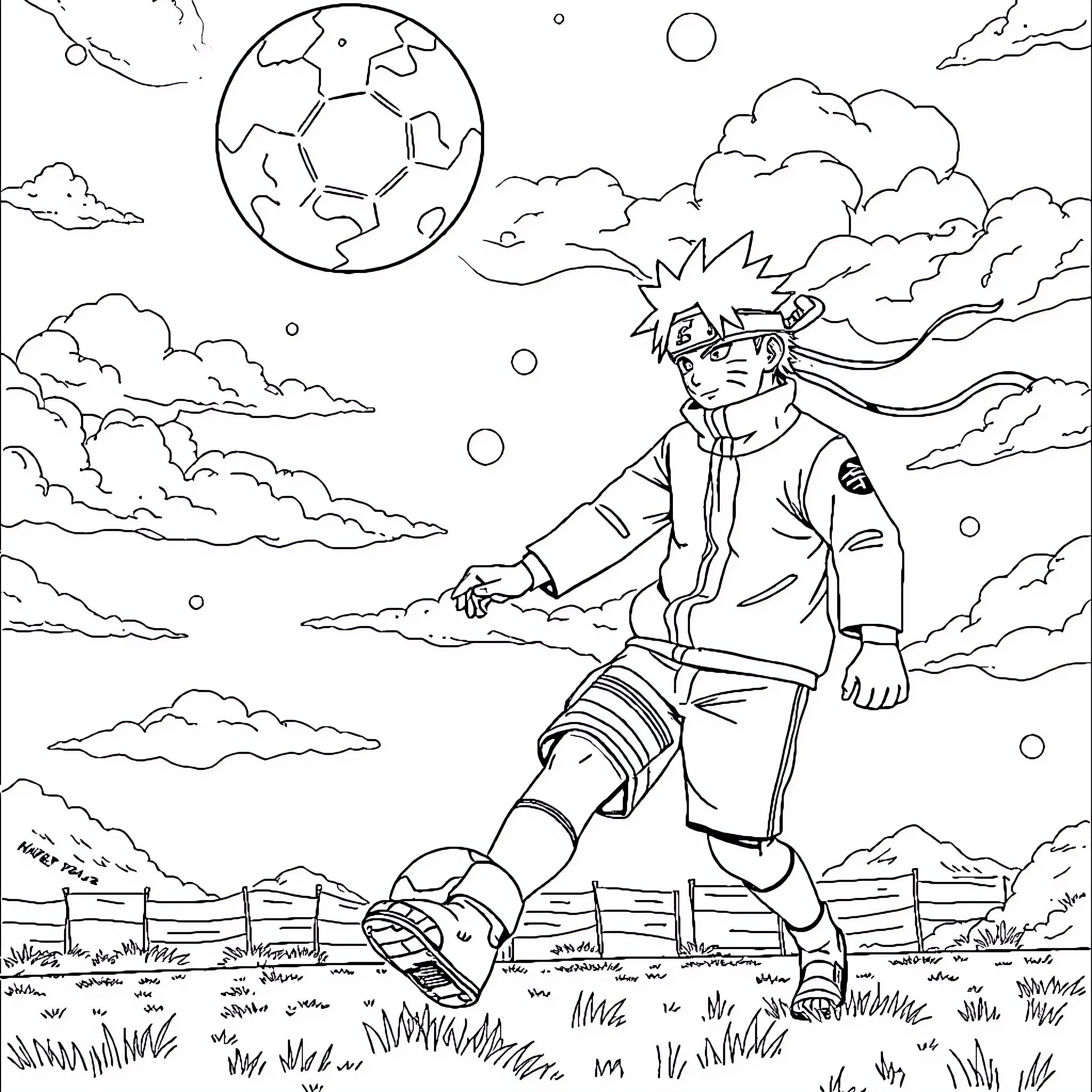 Naruto Kicking a Soccer Ball in the Clouds Coloring Page (free black-and-white line drawing printable PDF for all, from beginners to advanced learners, including children, teens, adults, and seniors)