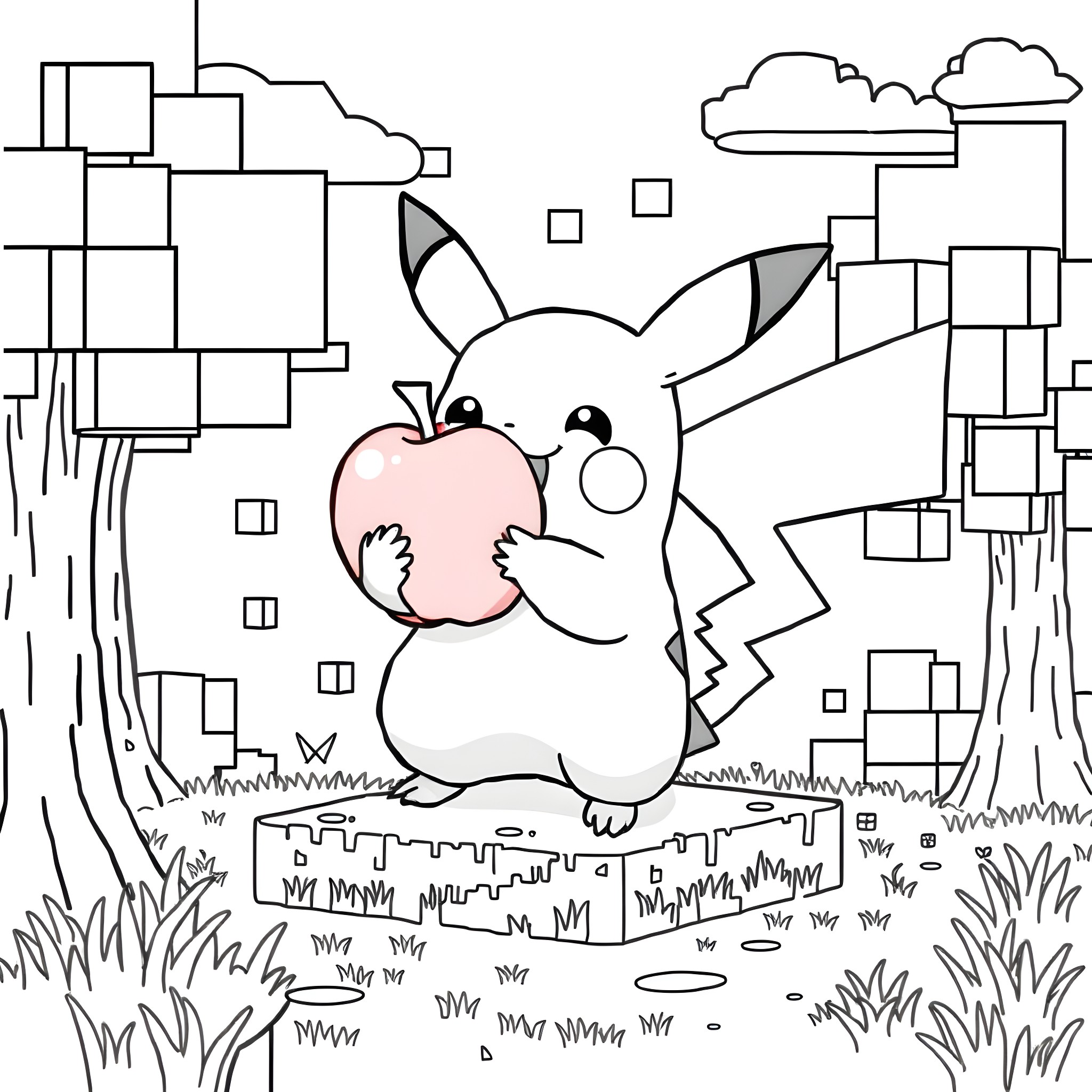 Pikachu enjoying a snack in the peaceful countryside Coloring Page (free black-and-white line drawing printable PDF for all, from beginners to advanced learners, including children, teens, adults, and seniors)