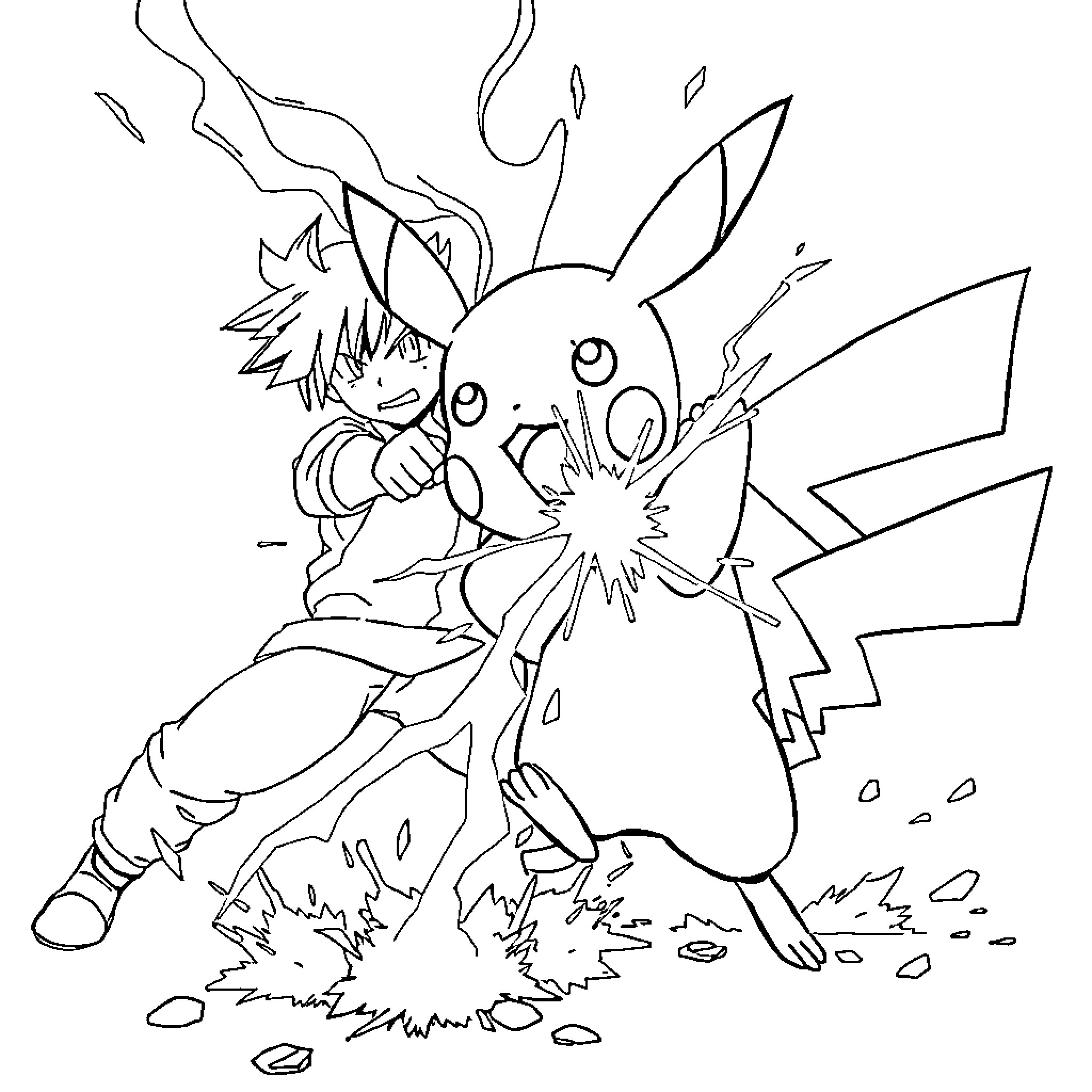 Pikachu engaging in an intense battle Coloring Page (free black-and-white line drawing printable PDF for all, from beginners to advanced learners, including children, teens, adults, and seniors)
