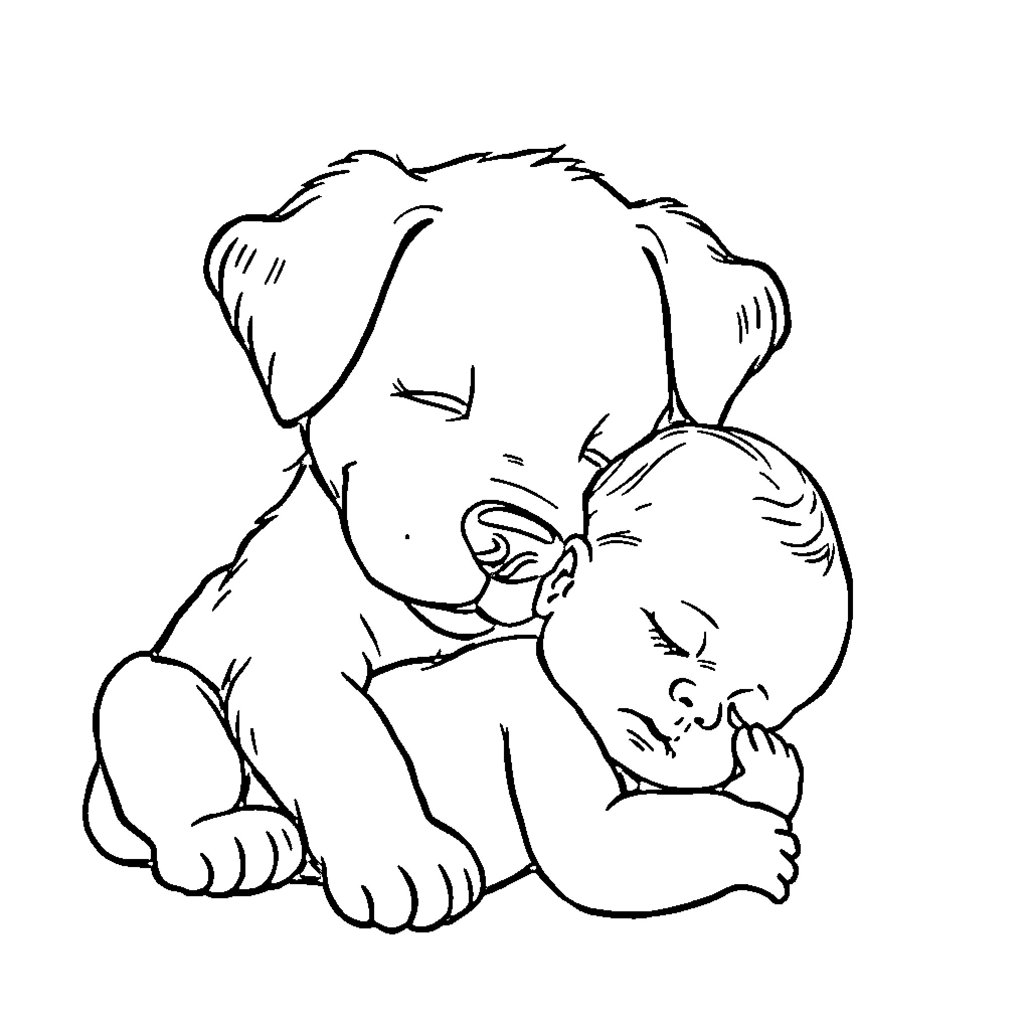 Puppy cuddling and comforting a baby Coloring Page (free black-and-white line drawing printable PDF for all, from beginners to advanced learners, including children, teens, adults, and seniors)