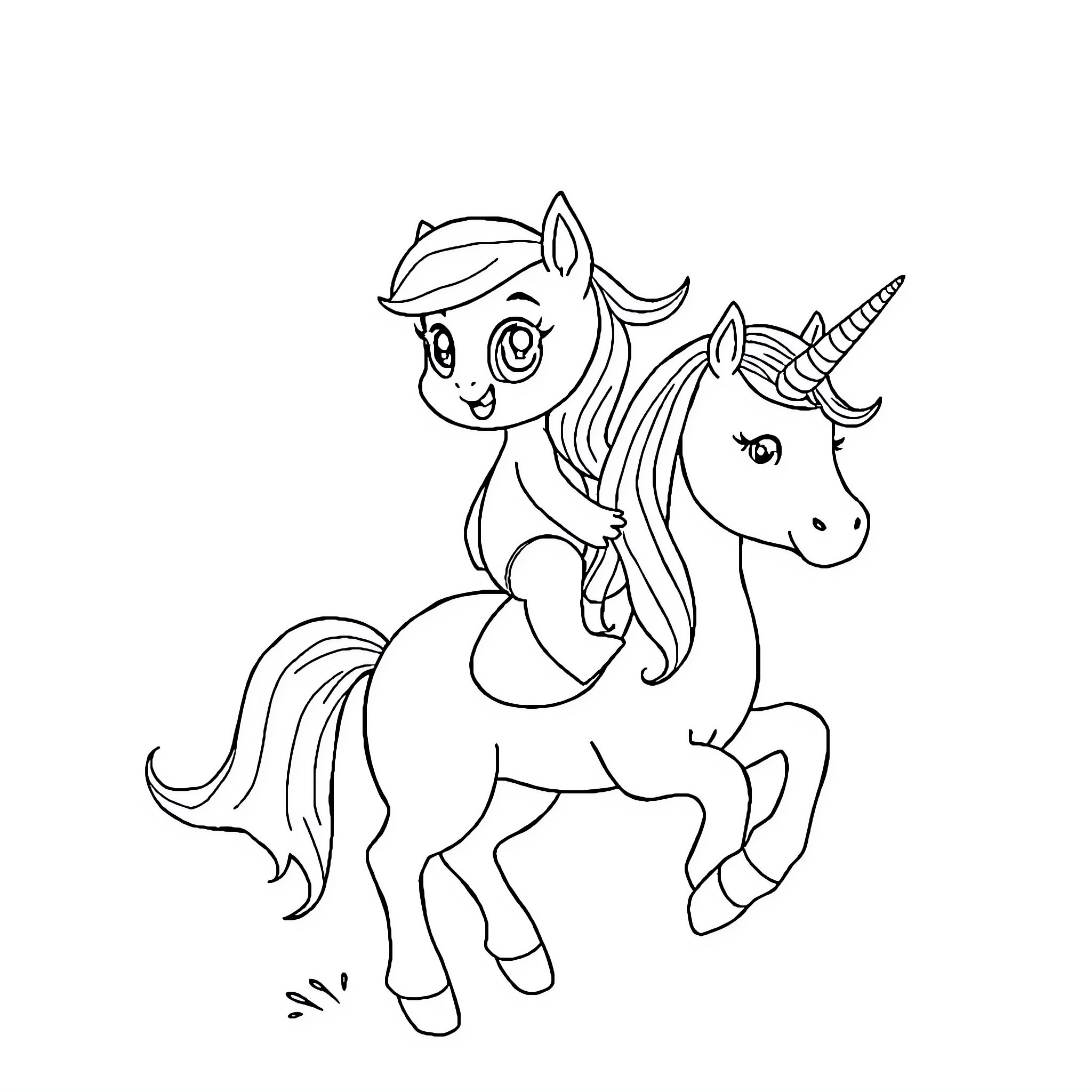 Bluey riding a magical unicorn Coloring Page (free black-and-white line drawing printable PDF for all, from beginners to advanced learners, including children, teens, adults, and seniors)