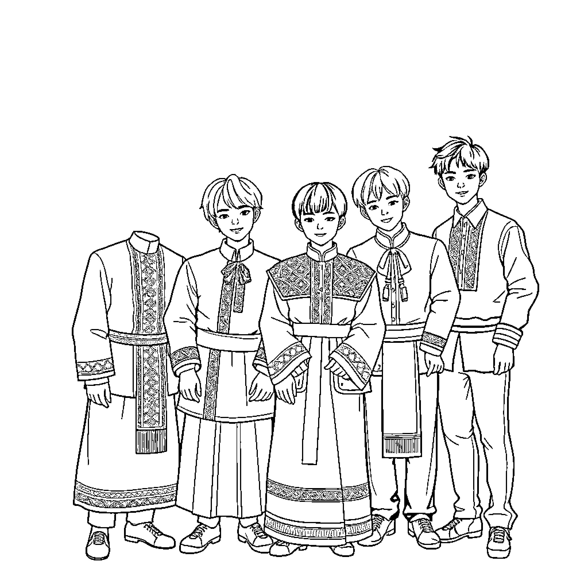 BT21 Characters in Traditional Attire Coloring Page (free black-and-white line drawing printable PDF for all, from beginners to advanced learners, including children, teens, adults, and seniors)