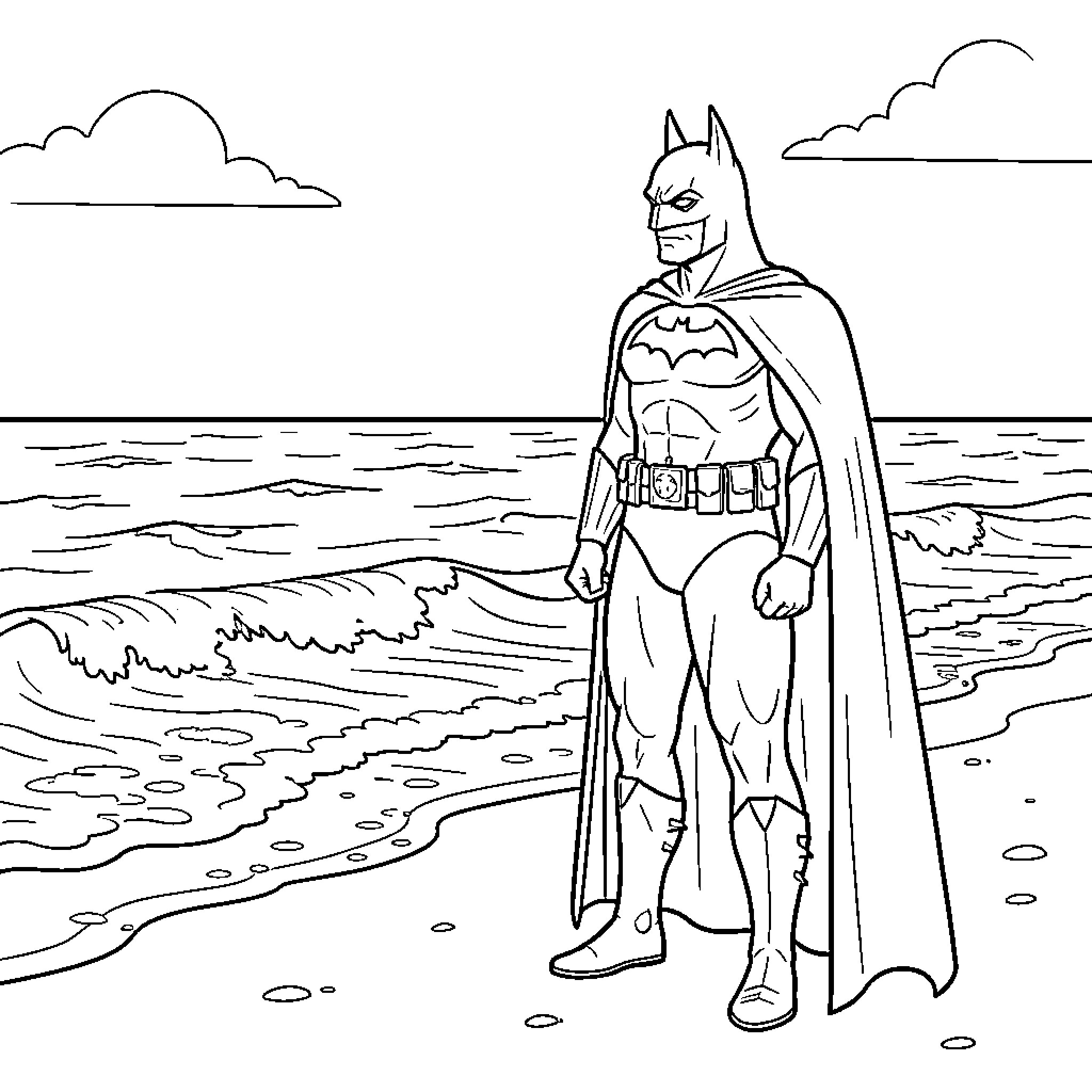 Badman standing heroically on a sandy beach Coloring Page (free black-and-white line drawing printable PDF for all, from beginners to advanced learners, including children, teens, adults, and seniors)