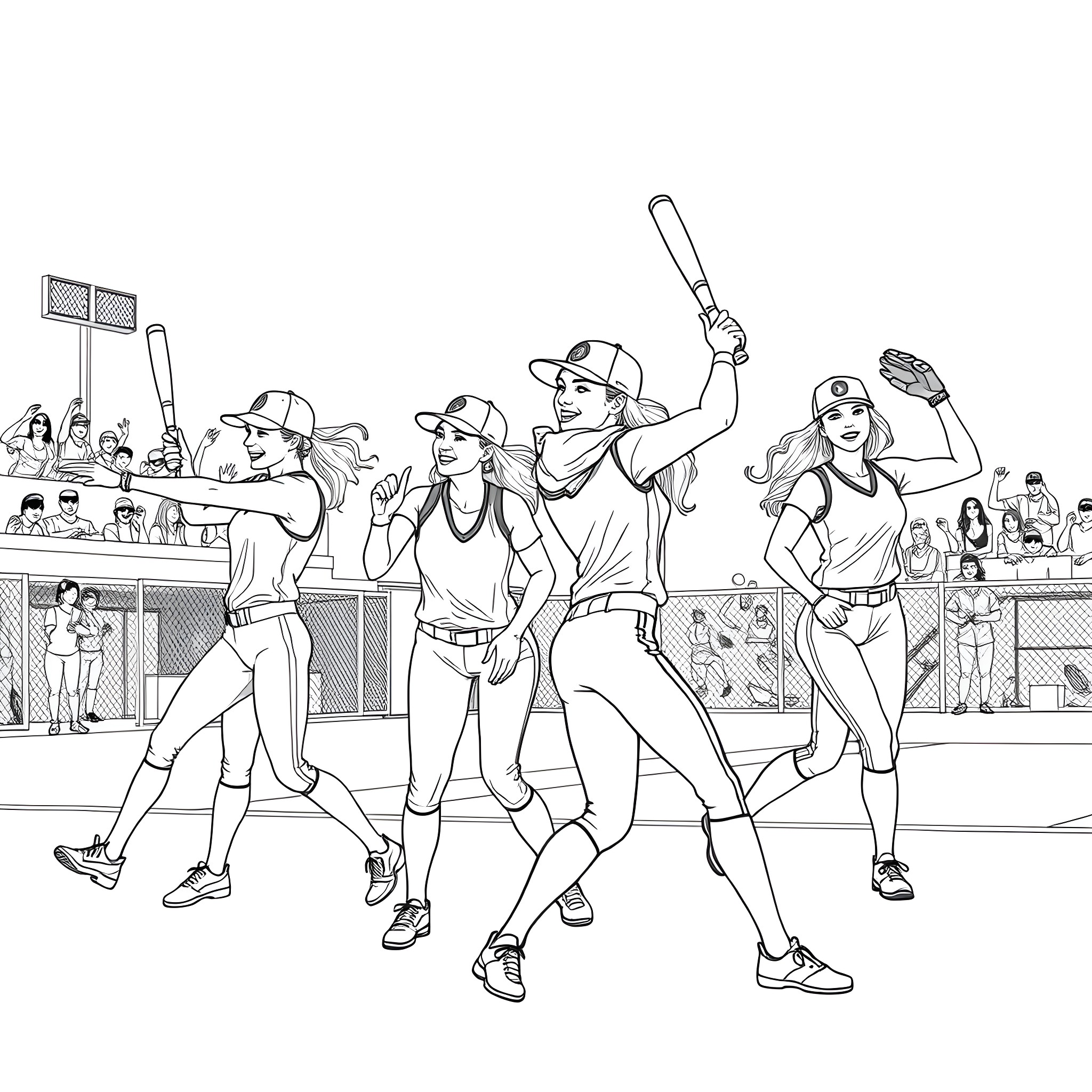 Female baseball players in action on the field Coloring Page (free black-and-white line drawing printable PDF for all, from beginners to advanced learners, including children, teens, adults, and seniors)