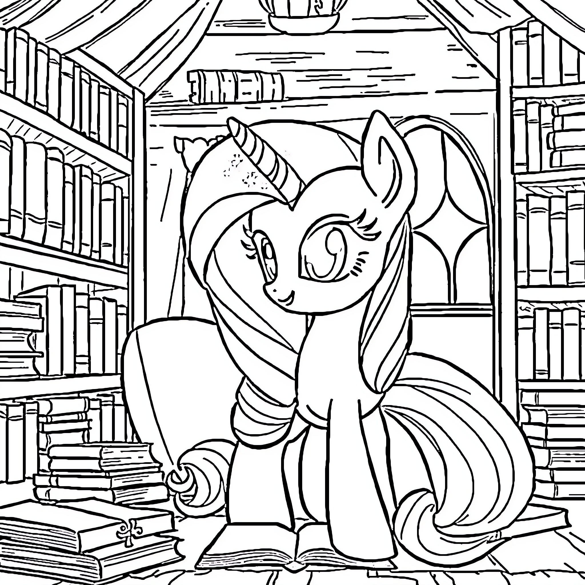 Twilight Sparkle reading in the library Coloring Page (free black-and-white line drawing printable PDF for all, from beginners to advanced learners, including children, teens, adults, and seniors)