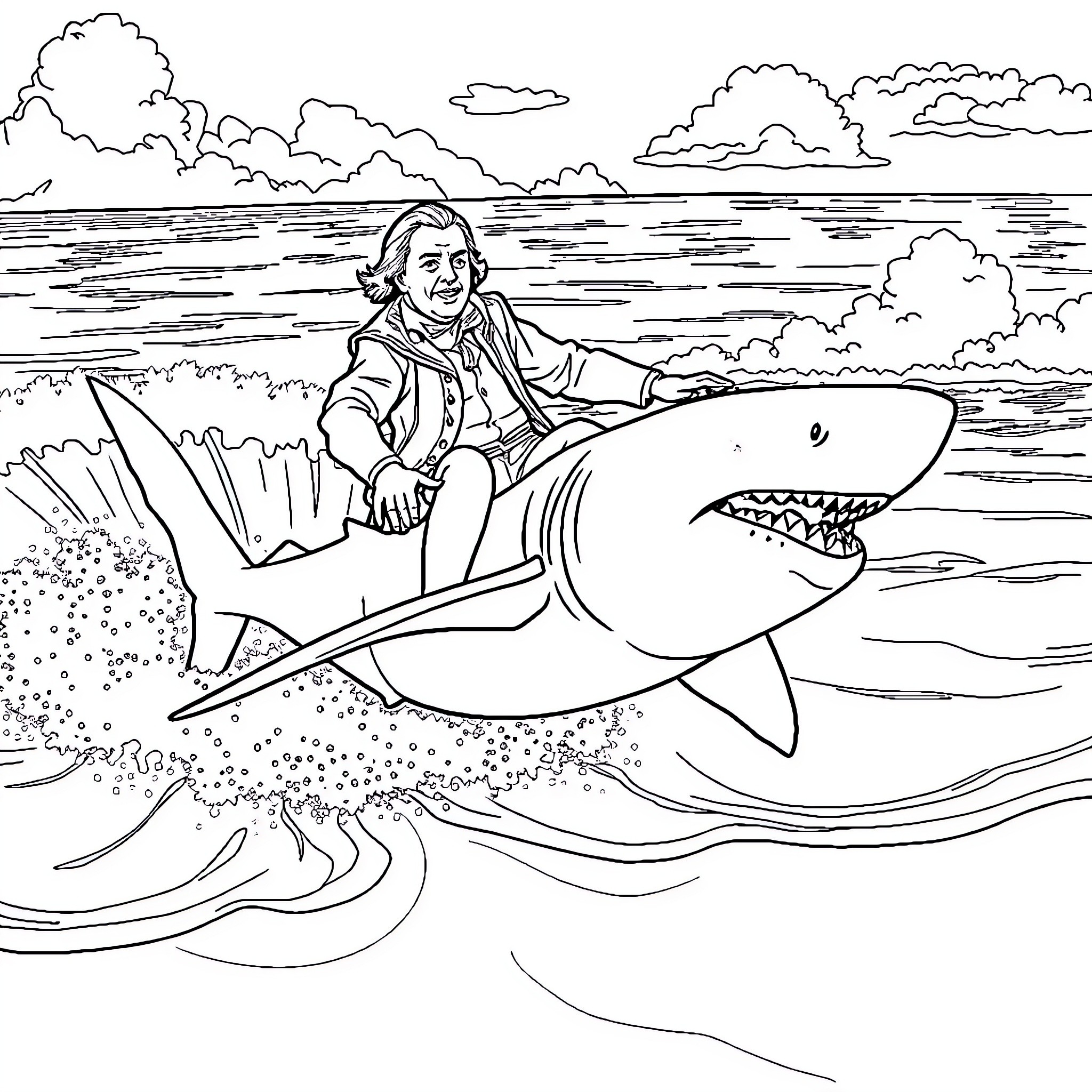 John Quincy Adams rides a shark in the ocean Coloring Page (free black-and-white line drawing printable PDF for all, from beginners to advanced learners, including children, teens, adults, and seniors)