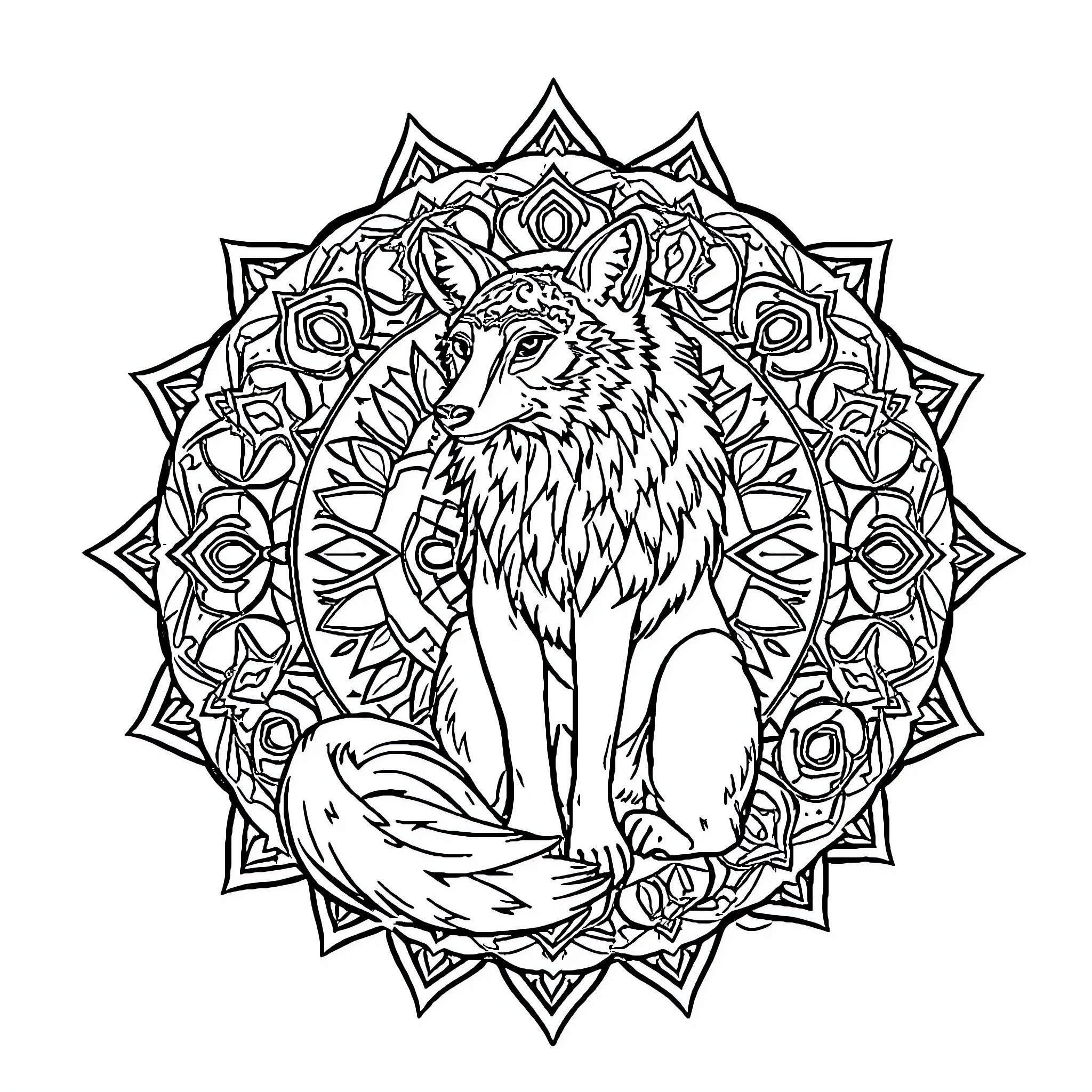 Wolf in intricate ornate mandala design Coloring Page (free black-and-white line drawing printable PDF for all, from beginners to advanced learners, including children, teens, adults, and seniors)
