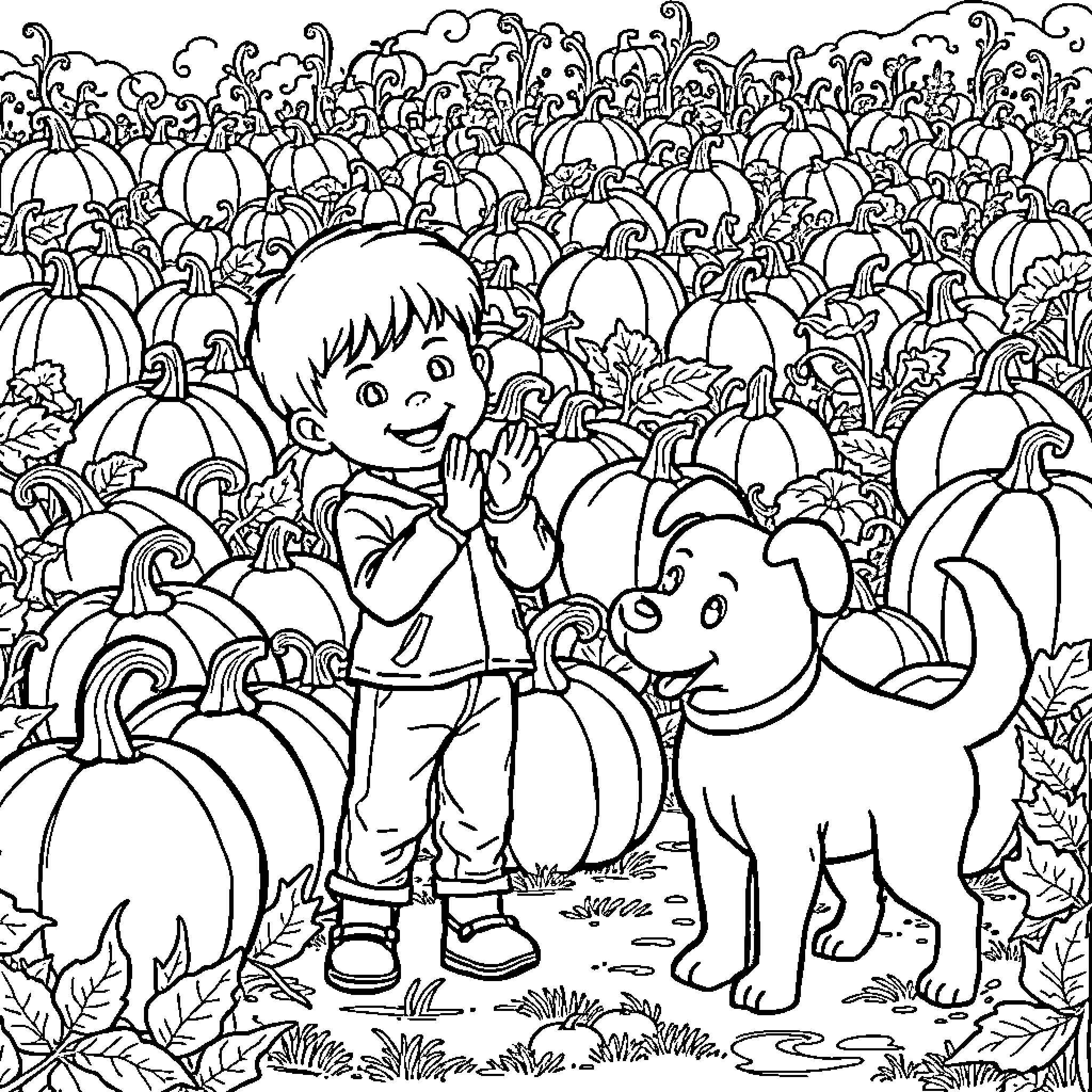 Boy and his pet dog explore the pumpkin patch Coloring Page (free black-and-white line drawing printable PDF for all, from beginners to advanced learners, including children, teens, adults, and seniors)
