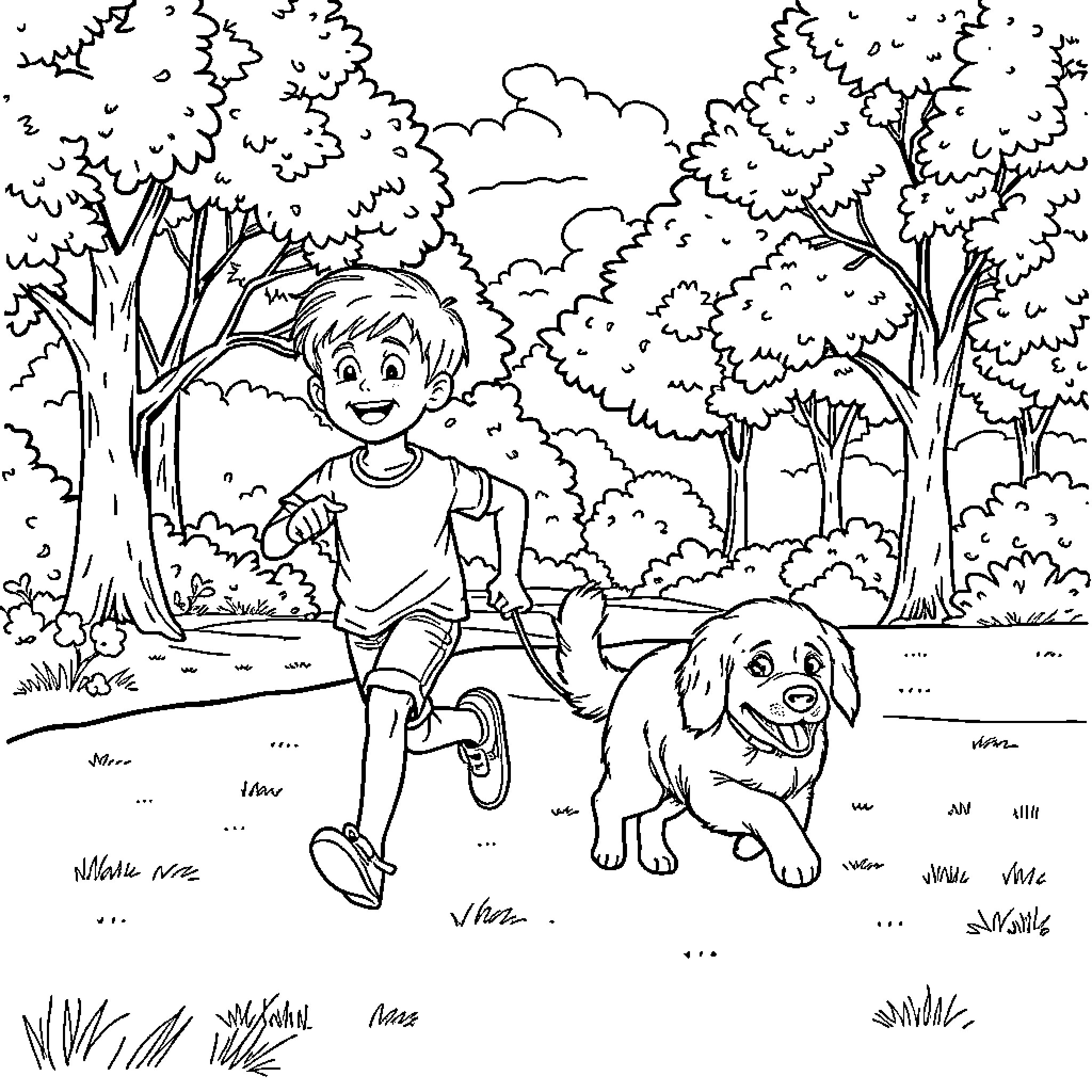 Kid playing with dog in the forest Coloring Page (free black-and-white line drawing printable PDF for all, from beginners to advanced learners, including children, teens, adults, and seniors)