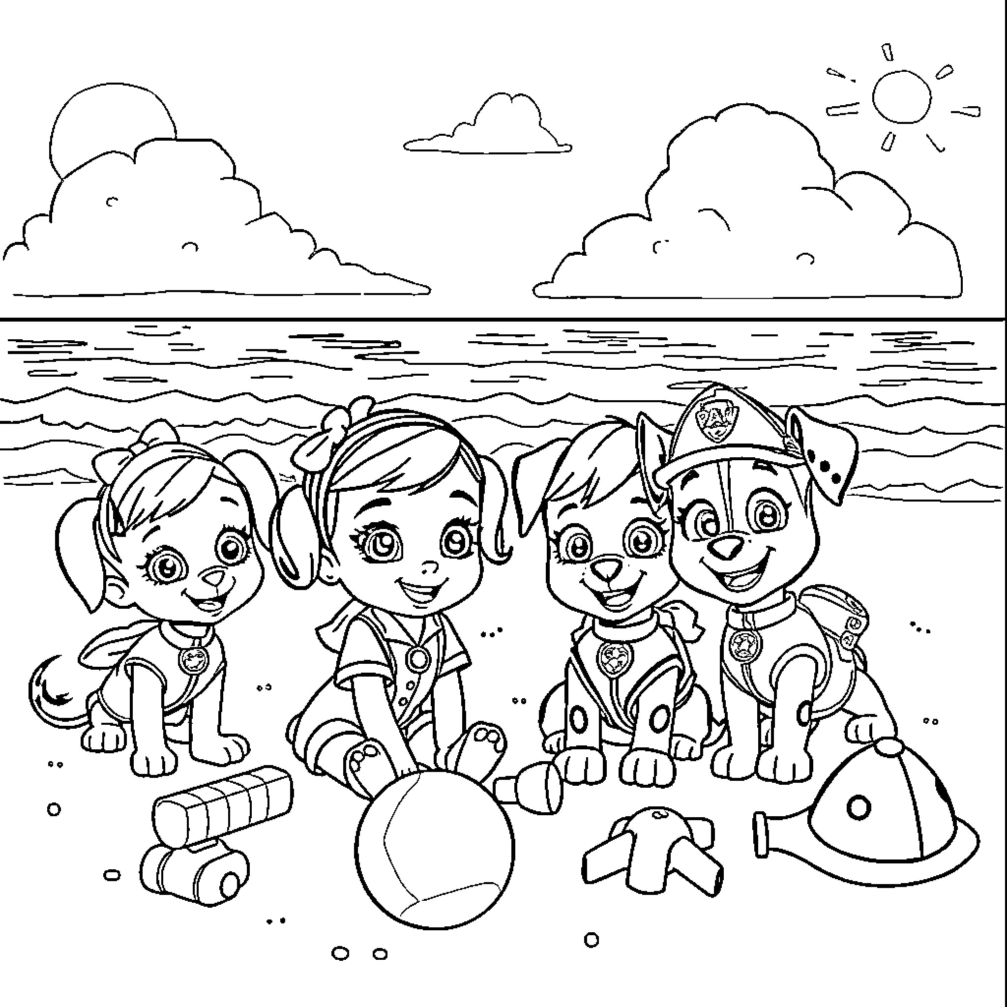 Doc McStuffins and Paw Patrol Pals Play on the Beach Coloring Page (free black-and-white line drawing printable PDF for all, from beginners to advanced learners, including children, teens, adults, and seniors)