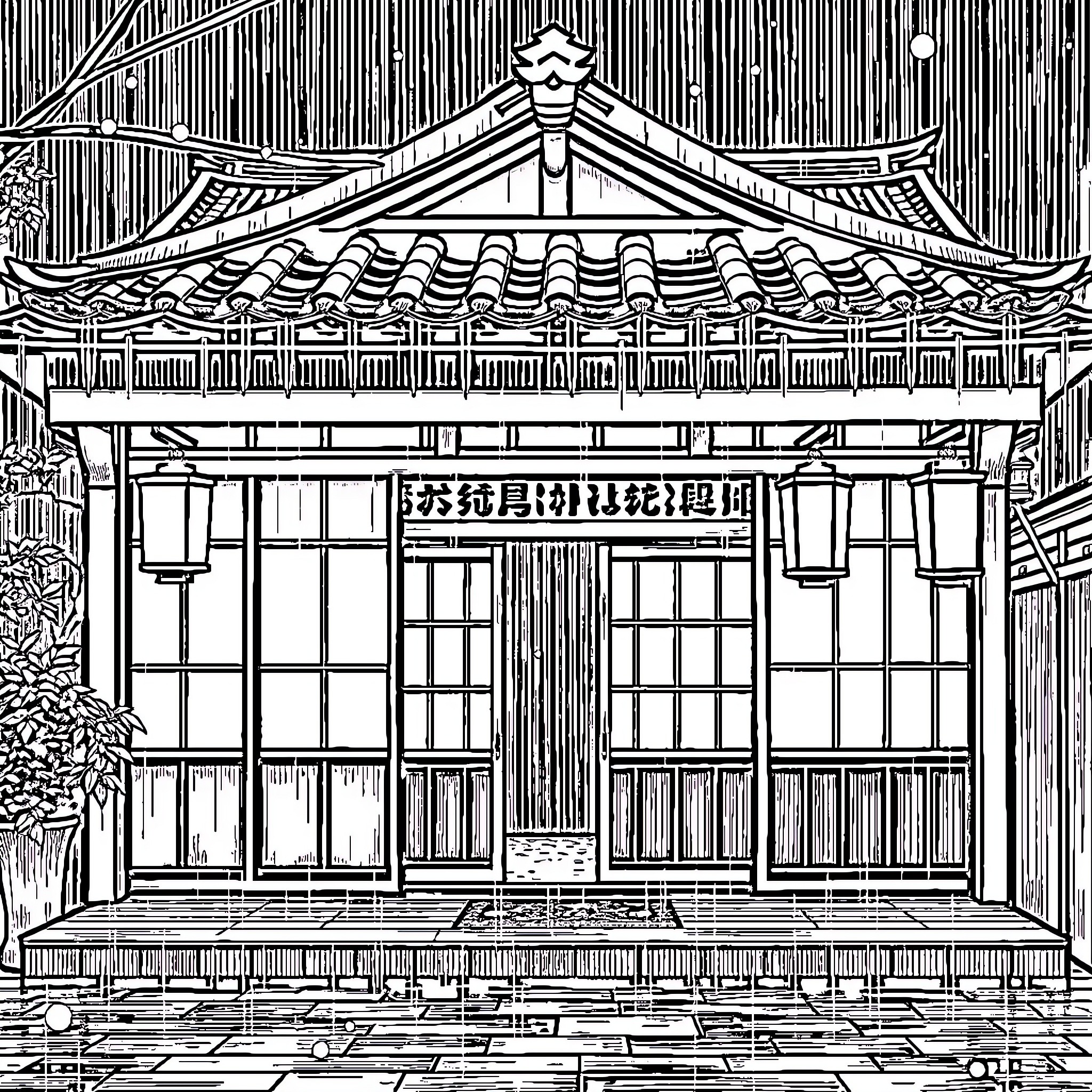 Geisha House with Intricate Architectural Details Coloring Page (free black-and-white line drawing printable PDF for all, from beginners to advanced learners, including children, teens, adults, and seniors)