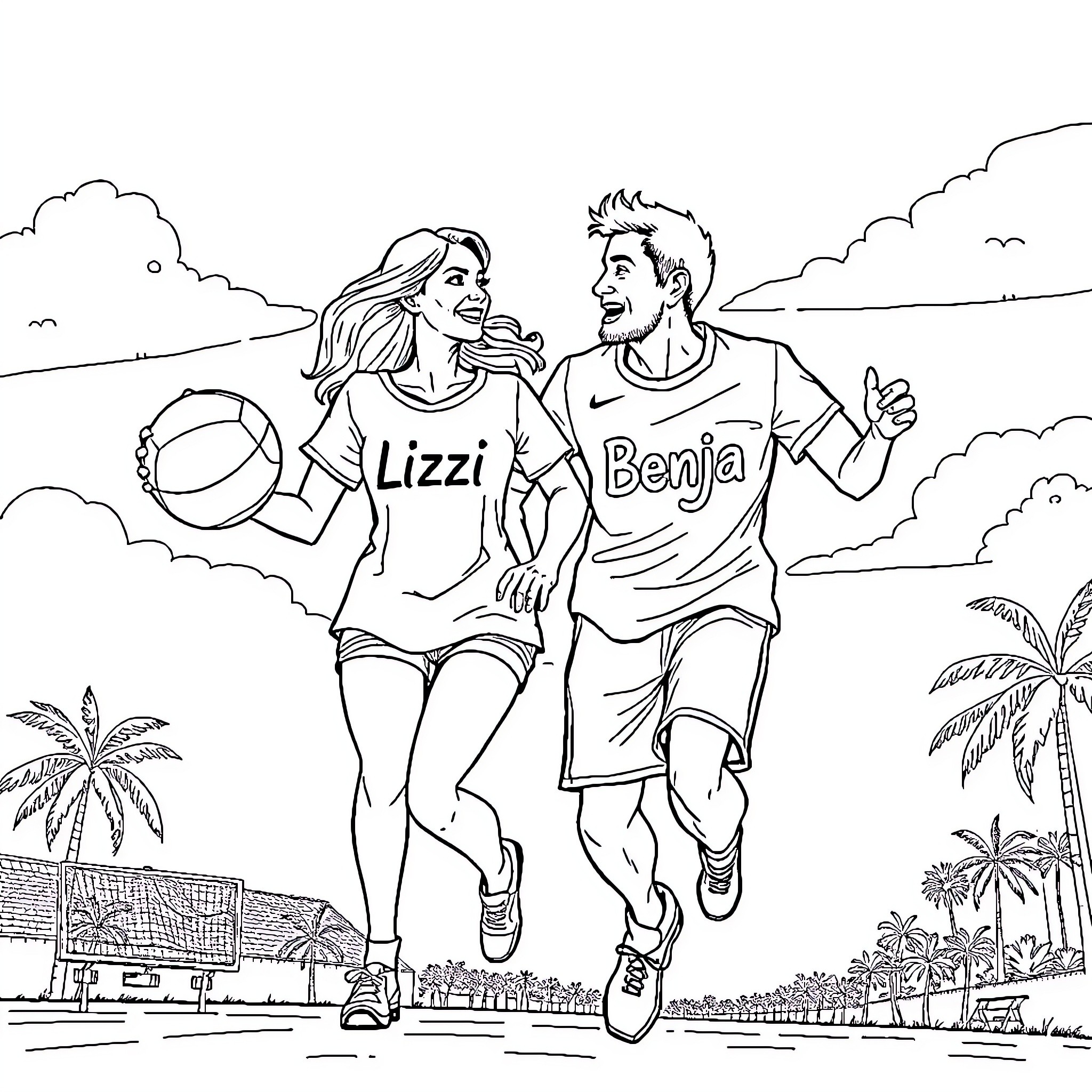 Novios playing and running together on the beach Coloring Page (free black-and-white line drawing printable PDF for all, from beginners to advanced learners, including children, teens, adults, and seniors)