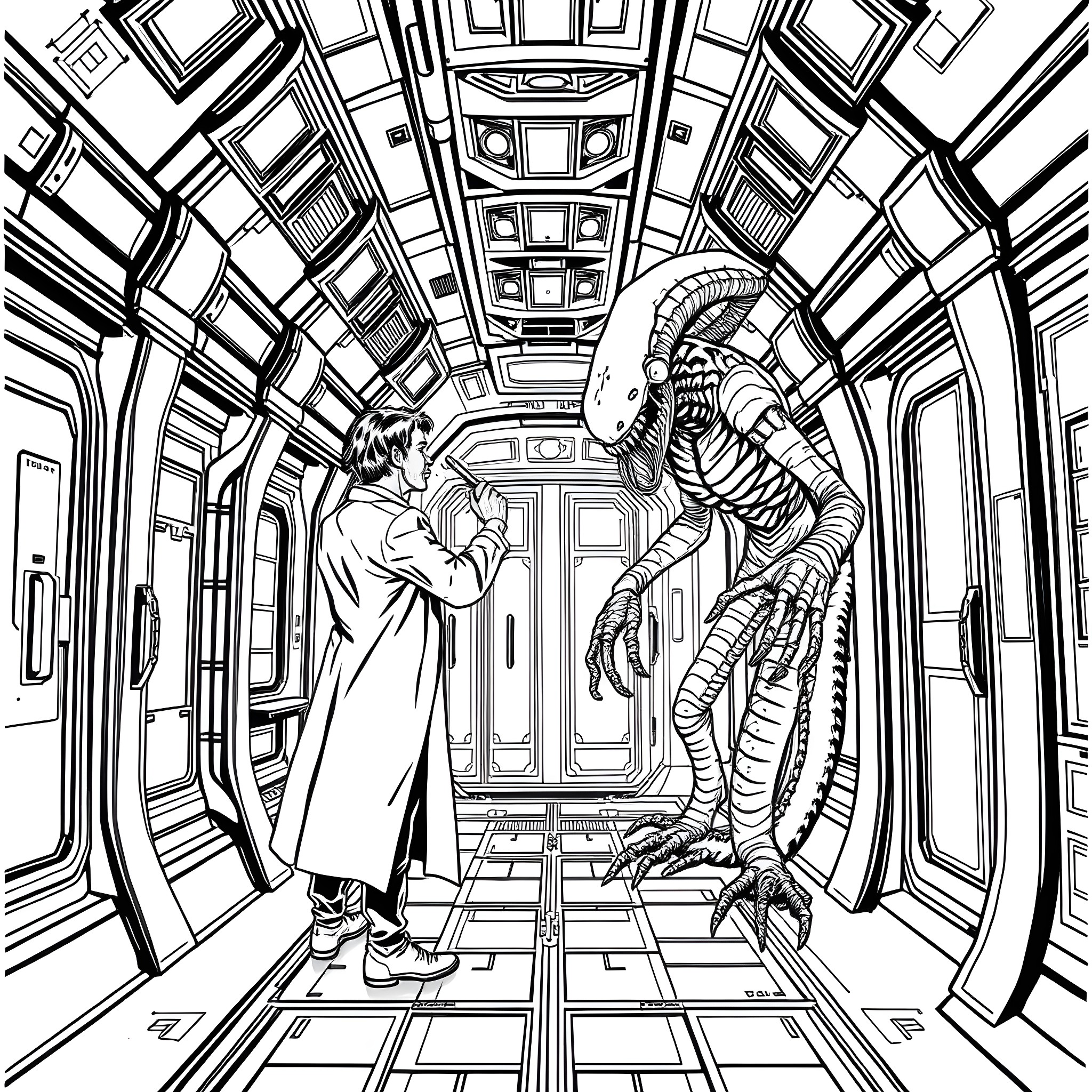 Doctor Who confronts alien adversary in sci-fi corridor Coloring Page (free black-and-white line drawing printable PDF for all, from beginners to advanced learners, including children, teens, adults, and seniors)