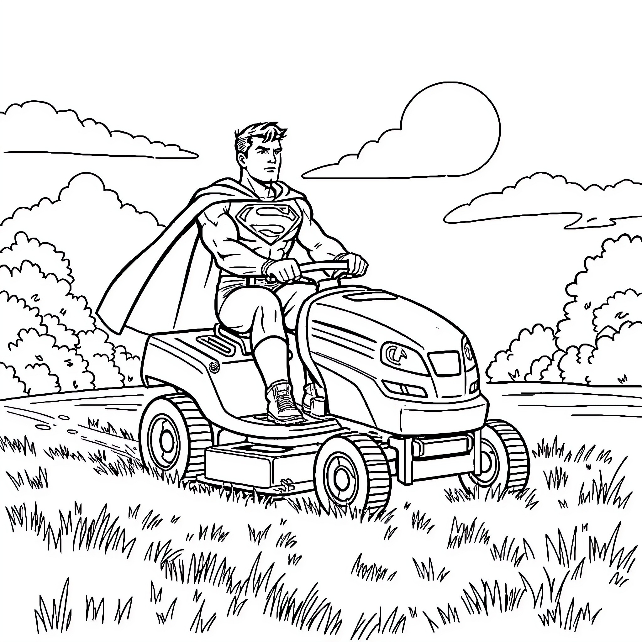 Superman Mowing the Lawn in the Countryside Coloring Page (free black-and-white line drawing printable PDF for all, from beginners to advanced learners, including children, teens, adults, and seniors)