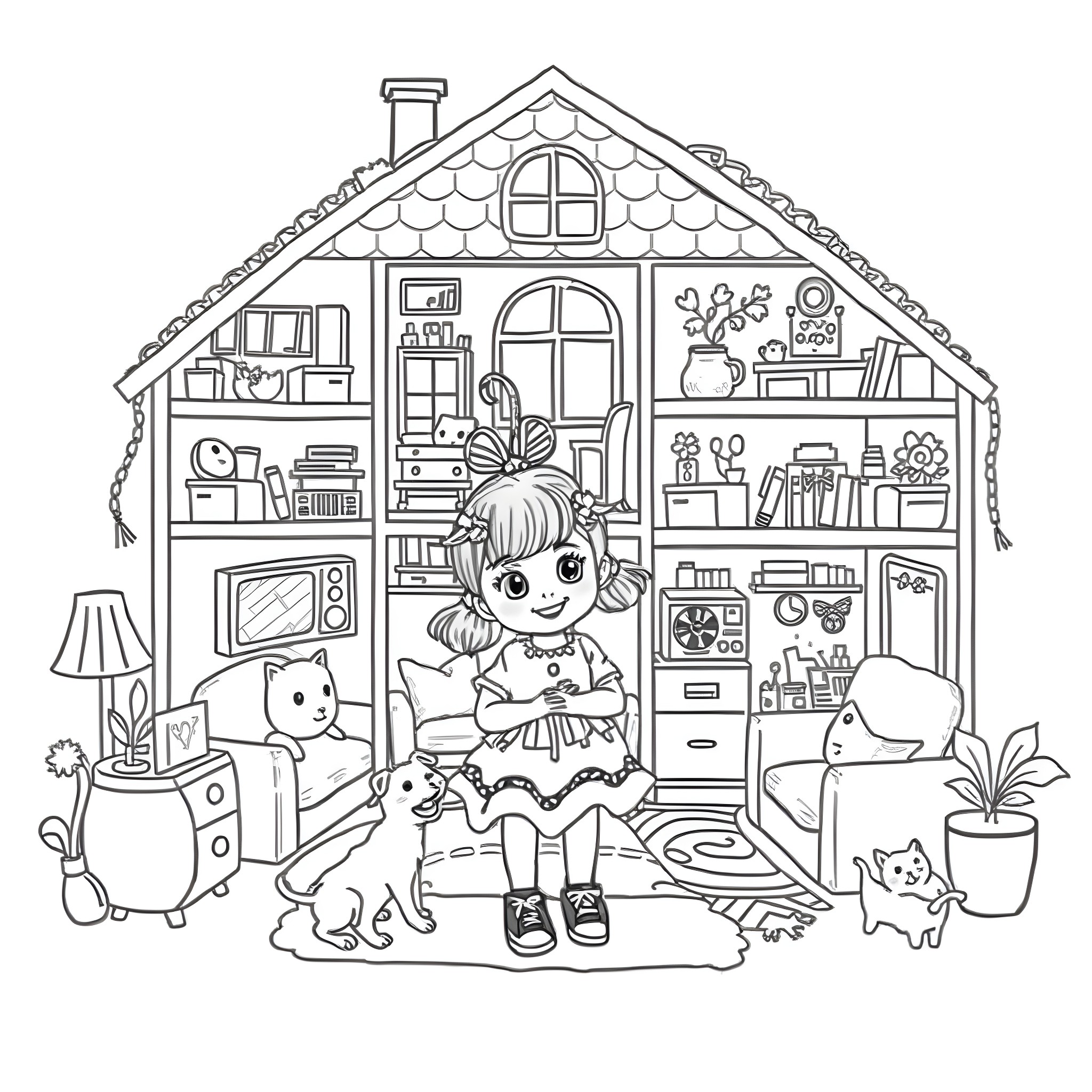 Gabby's Dollhouse - Girl playing with pets in her cozy home Coloring Page (free black-and-white line drawing printable PDF for all, from beginners to advanced learners, including children, teens, adults, and seniors)