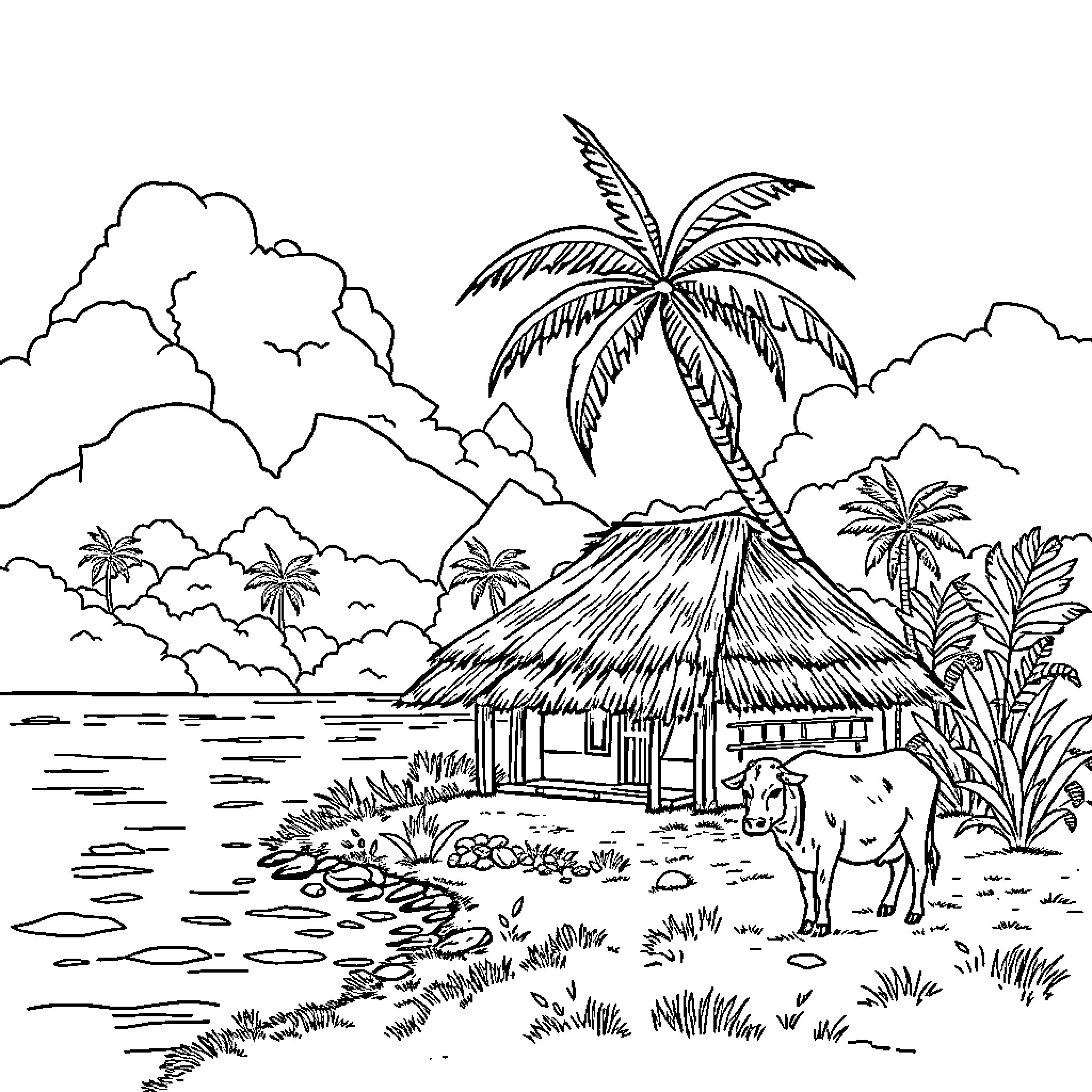 Hut with palm trees and animals in tropical landscape Coloring Page (free black-and-white line drawing printable PDF for all, from beginners to advanced learners, including children, teens, adults, and seniors)